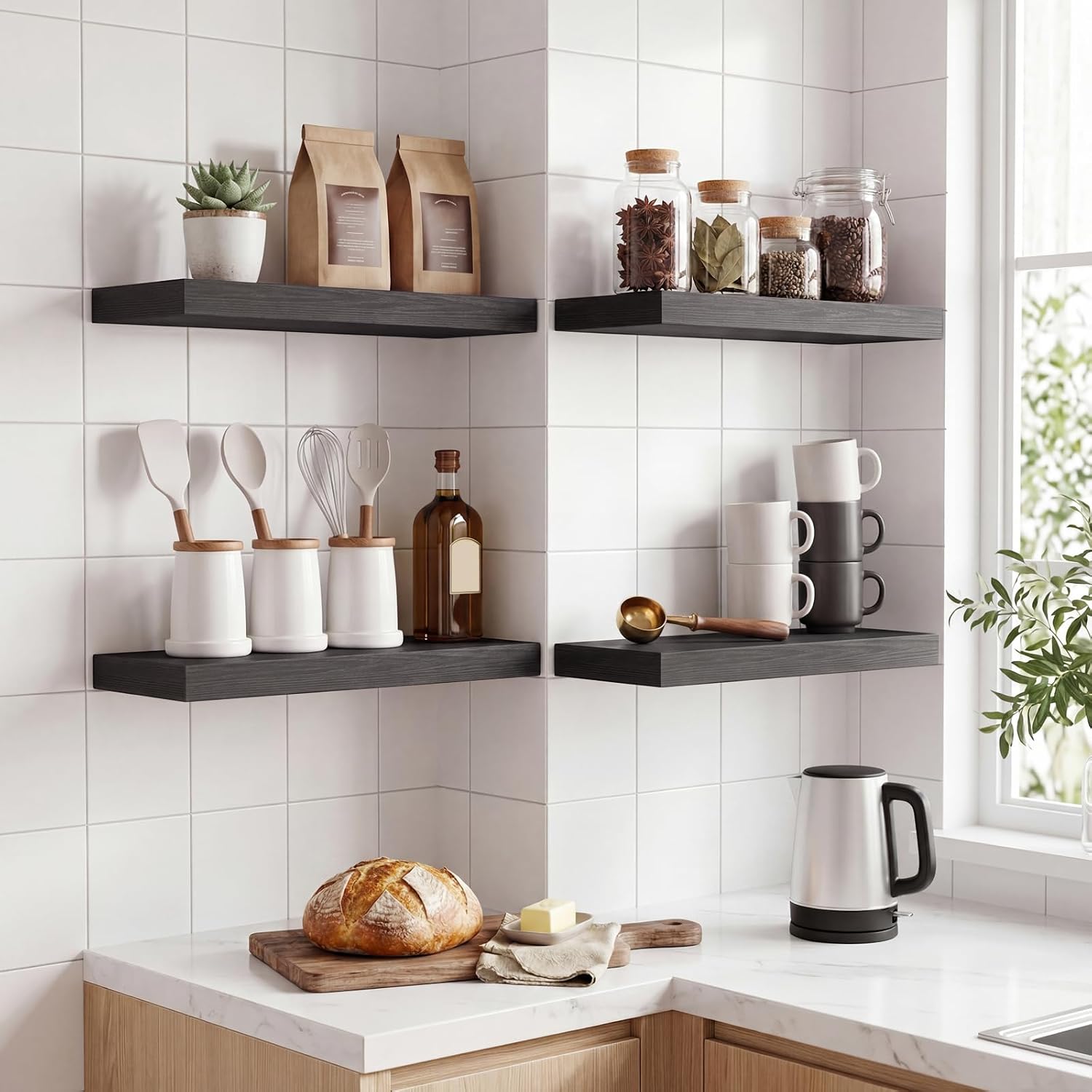 Thumbnail 5 de Fixwal Black Floating Shelves for Wall (Set of 4) — Rustic Wood Style Storage & Decor Shelves, 15.8 Inch