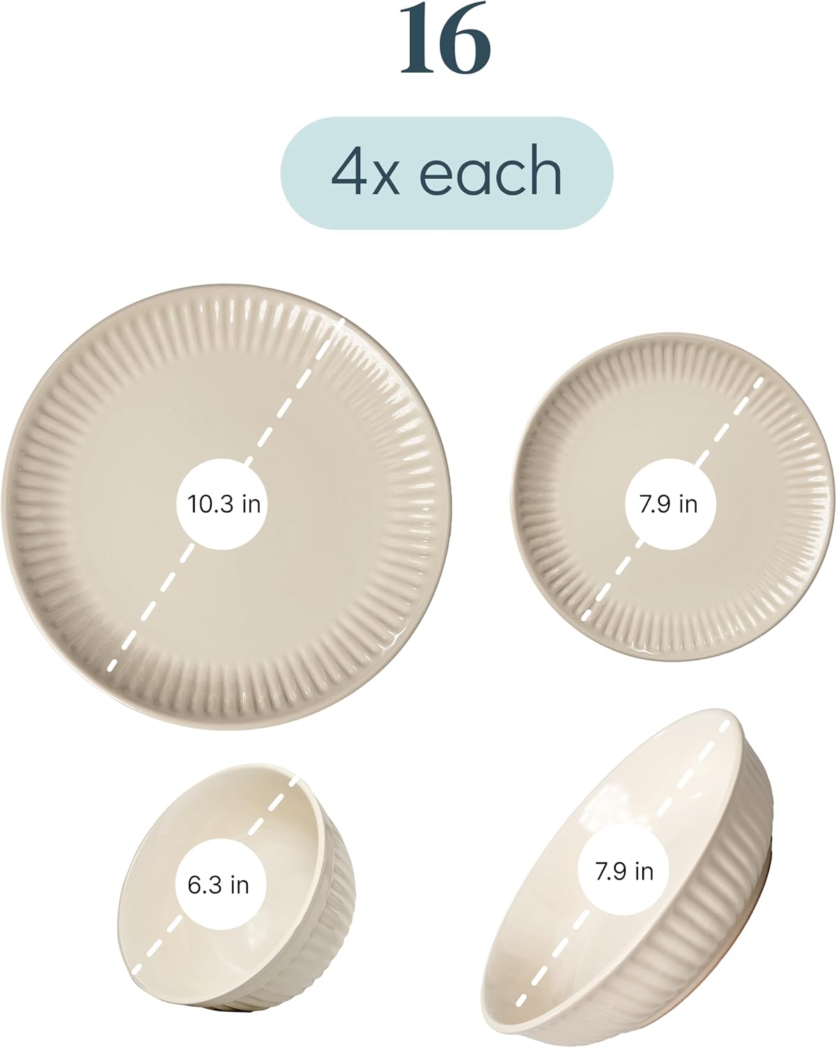 Detalle de HYGGE 16-Piece Stoneware Dinnerware Set for 4 | Elegant Scandi Ribbed Design in Light Brown