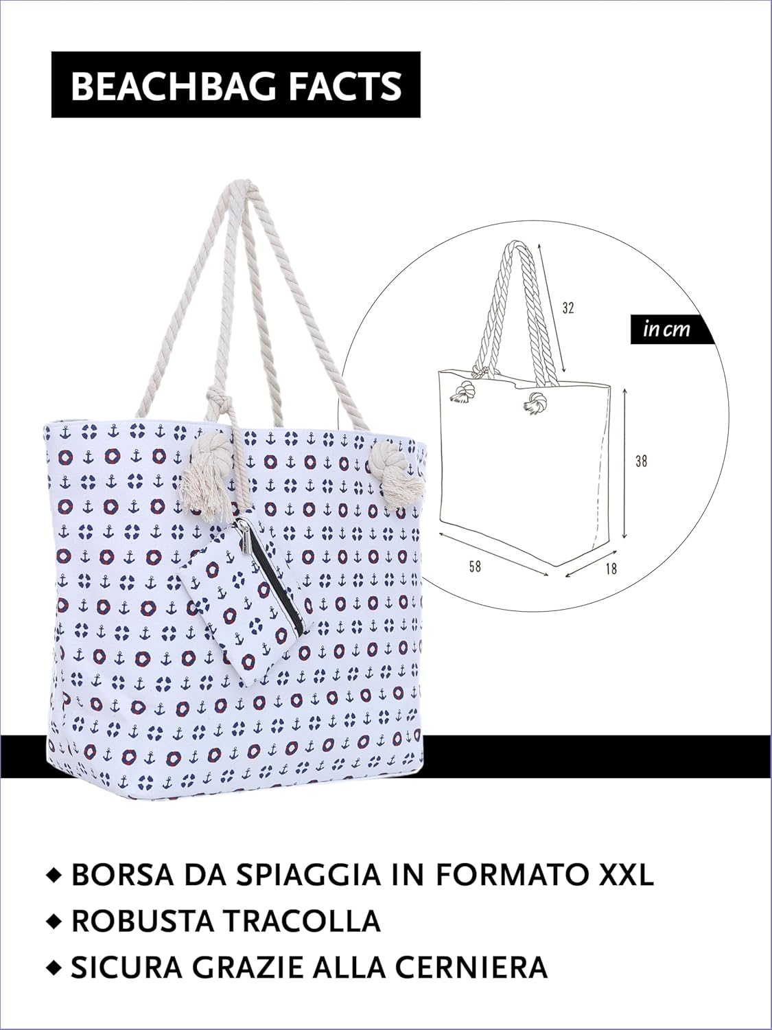 Detalle 2 de DonDon Borsa spiaggia XXL chiusura zip 58x38x18 cm