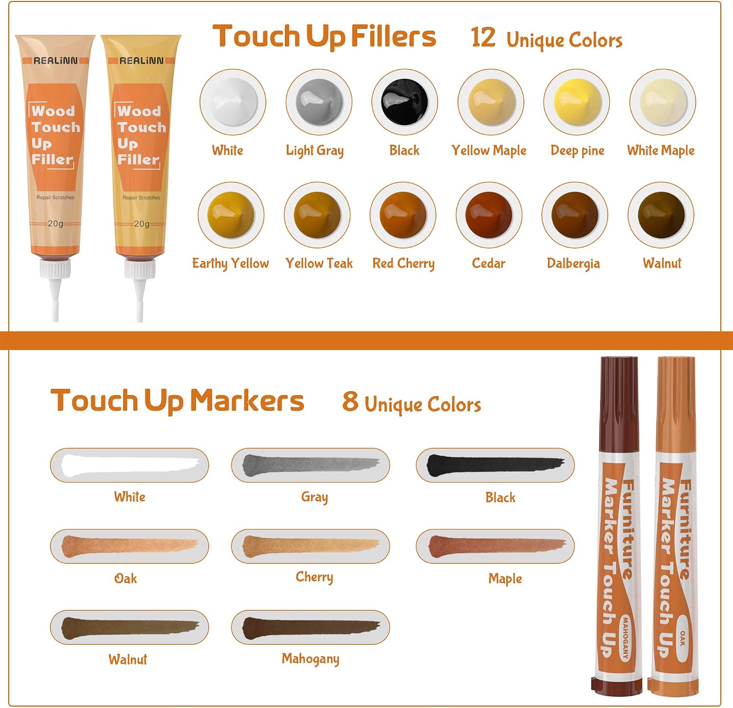 Thumbnail 5 de REALINN Wood Furniture Repair Kit — 28-Piece Set with Touch Up Markers, Fillers, Wood Putty, and More