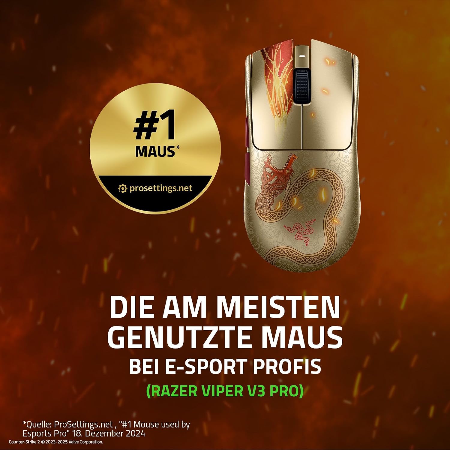 Detalle de Razer Viper V3 Pro Counter-Strike 2 Dragon Lore Edition – ultraleichte kabellose Esports-Maus (8.000 Hz, 35K DPI, bis 95 Std.)