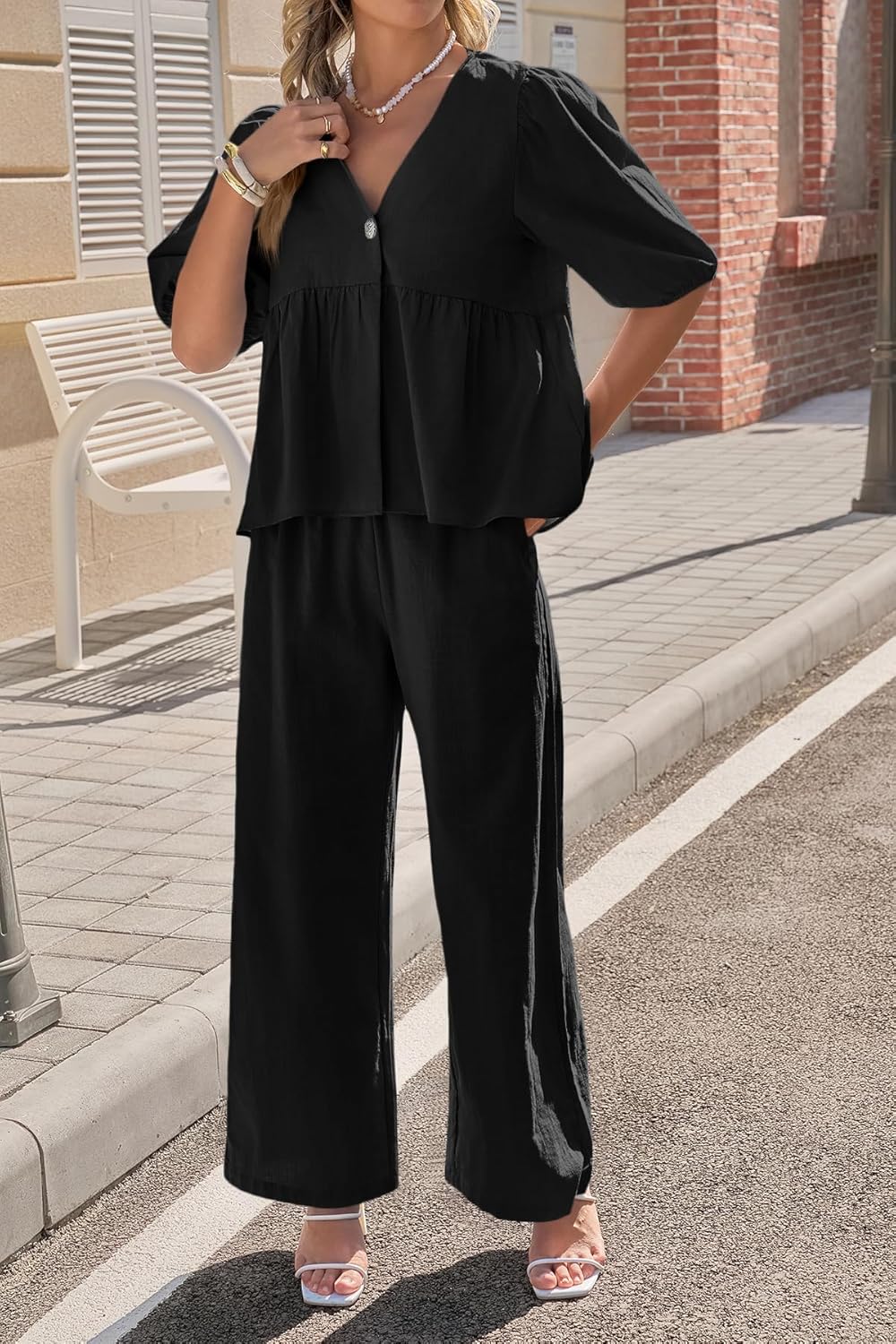 Detalle 2 de Tankaneo Women's 2-Piece Linen Sets: V-Neck Puff Sleeve Babydoll Top & Wide Leg Pants