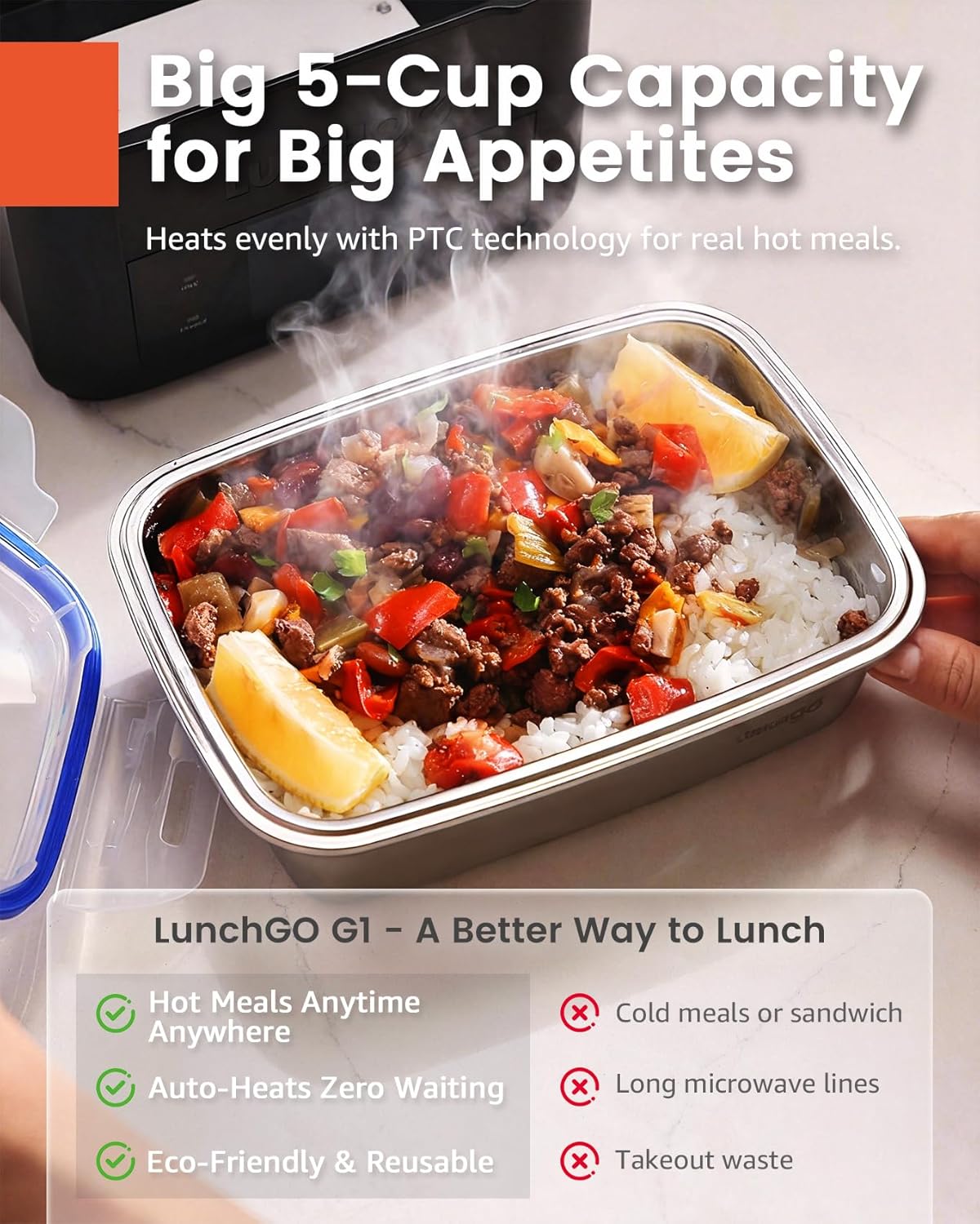 Thumbnail 3 de LunchGO G1 Cordless Electric Heated Lunch Box — 5-Cup Capacity, 74Wh Battery, Scheduled Heating