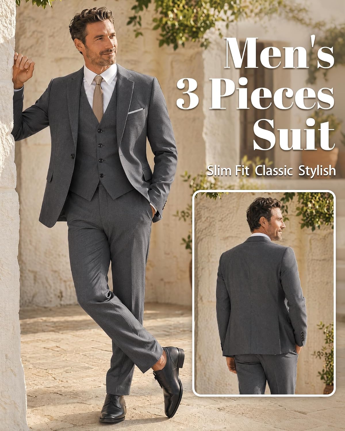 Detalle de MY'S Men's 3 Piece Suit Set with Tie — Slim Fit, One Button Jacket (Jacket, Vest, Pants) for Weddings, Prom, Interviews