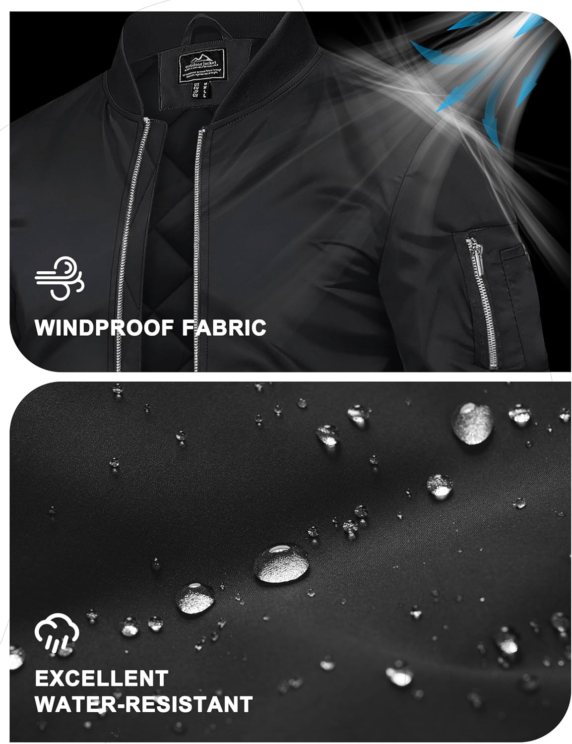 Detalle 2 de TACVASEN WSTACV-1076-Black-M Men's Quilted Bomber Jacket, Water-Resistant