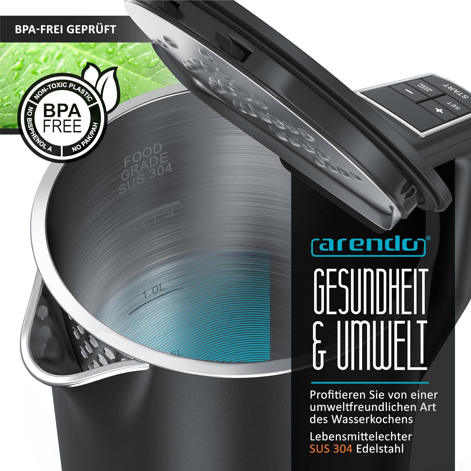 Detalle 2 de arendo ELEGANT Wasserkocher 1,5 l mit 40–100 °C