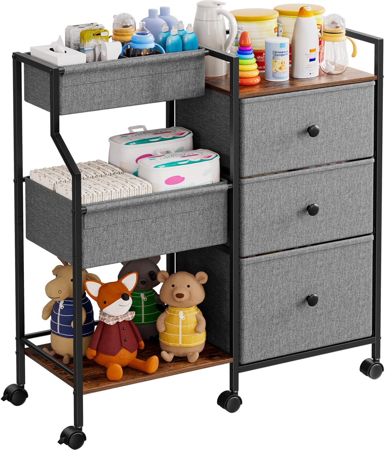 Modanais Baby Diaper Caddy Organizer Cart (3-Tier Rolling Utility Cart with Dividers & Drawers)