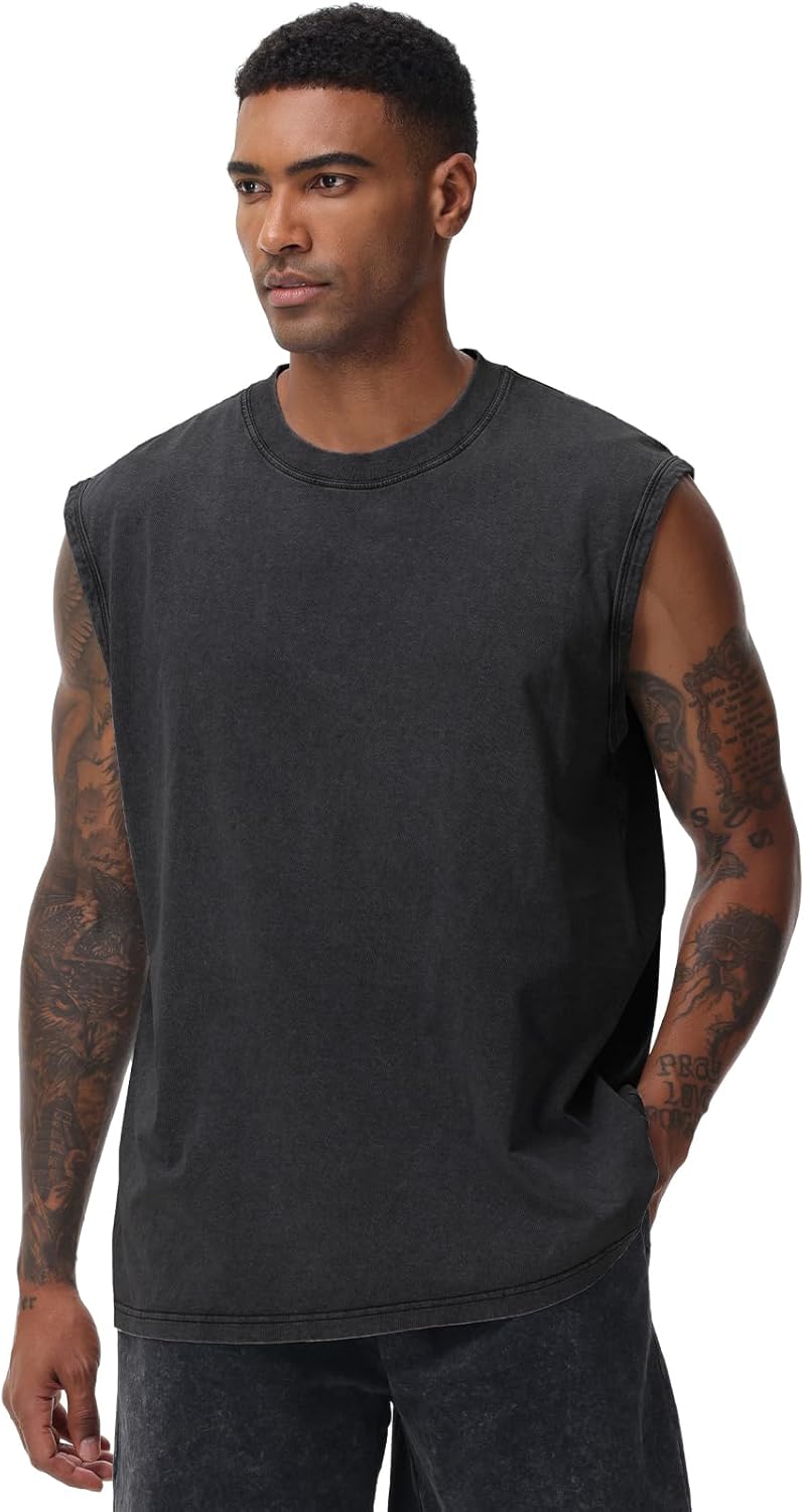 Detalle de SnowElve Men's Workout Tank Top: Acid-Washed Sleeveless Tee for Gym and Beach