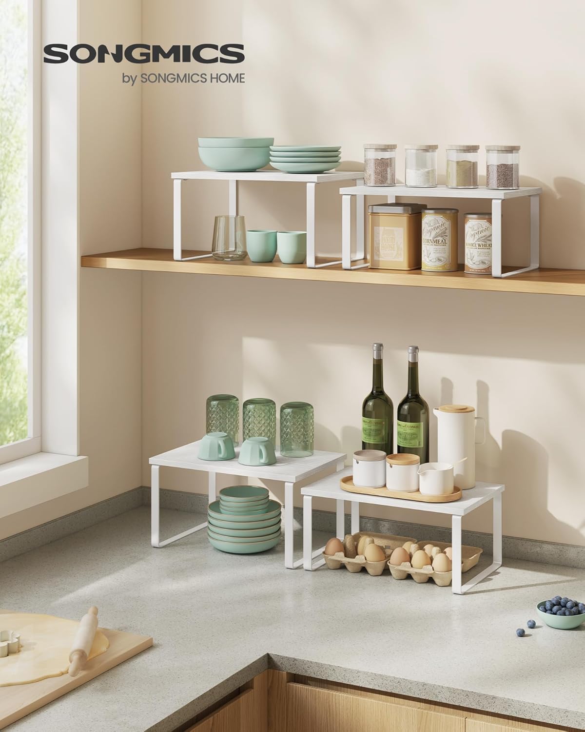 Thumbnail 1 de SONGMICS Spice Rack, Set of 2 – Expandable Cupboard Shelf Organisers (Cloud White & Snow White, KCS02W01)