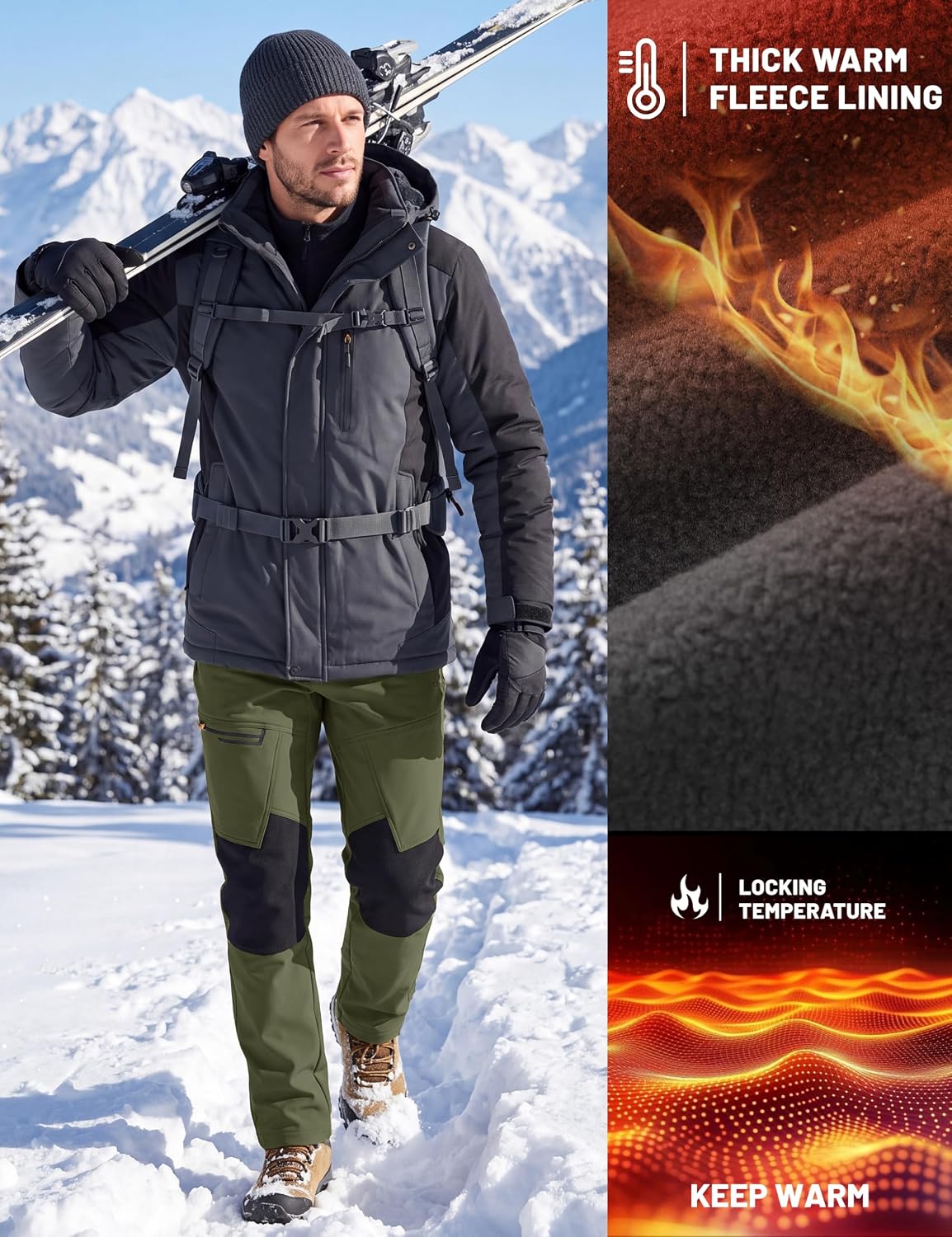 Detalle 2 de TACVASEN Men's Fleece-Lined Snow Pants, Waterproof Softshell, 4 Zip Pockets
