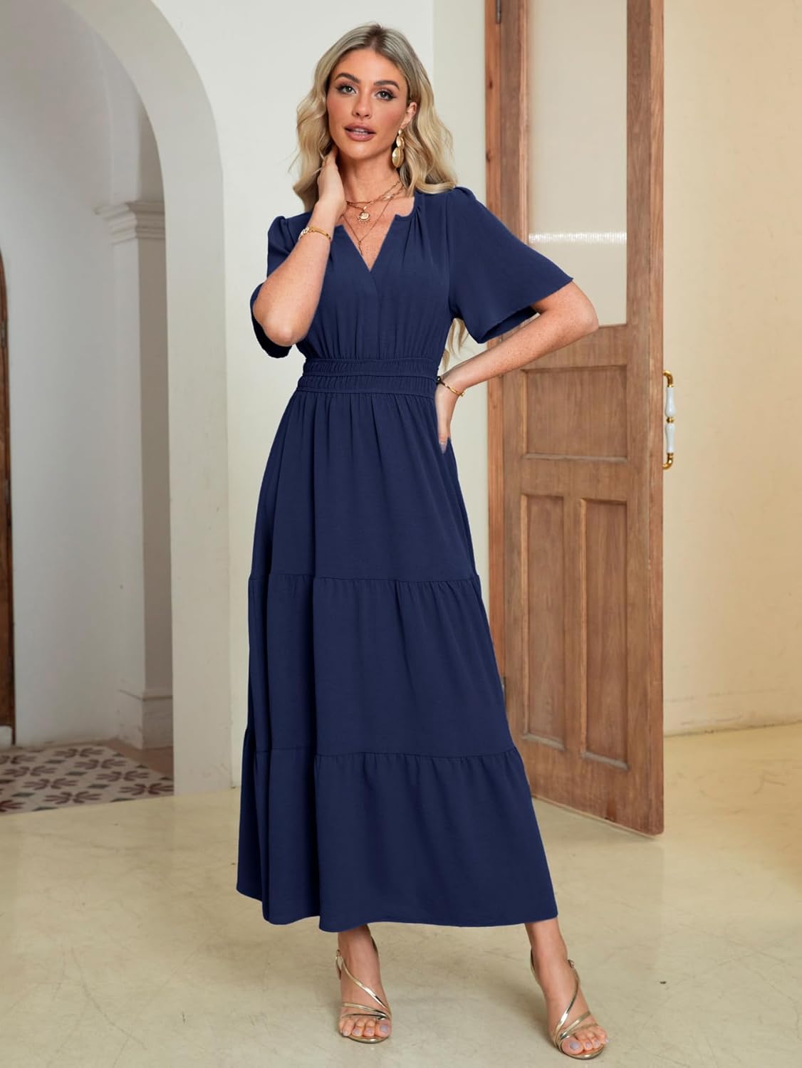 Thumbnail 1 de Amegoya Women’s Short Sleeve V-Neck Formal Maxi Dress for Wedding Guests (Polyester, Pull-Over)