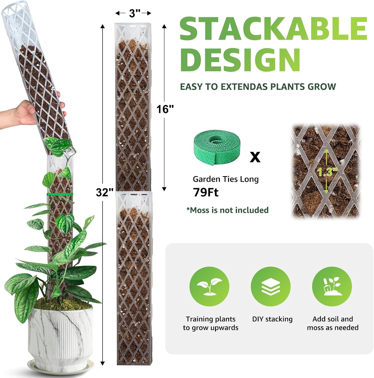 Thumbnail 3 de Sisher TTKI068 Plastic Moss Pole, 16-Inch, 4-Pack, Stackable D-Shaped Support