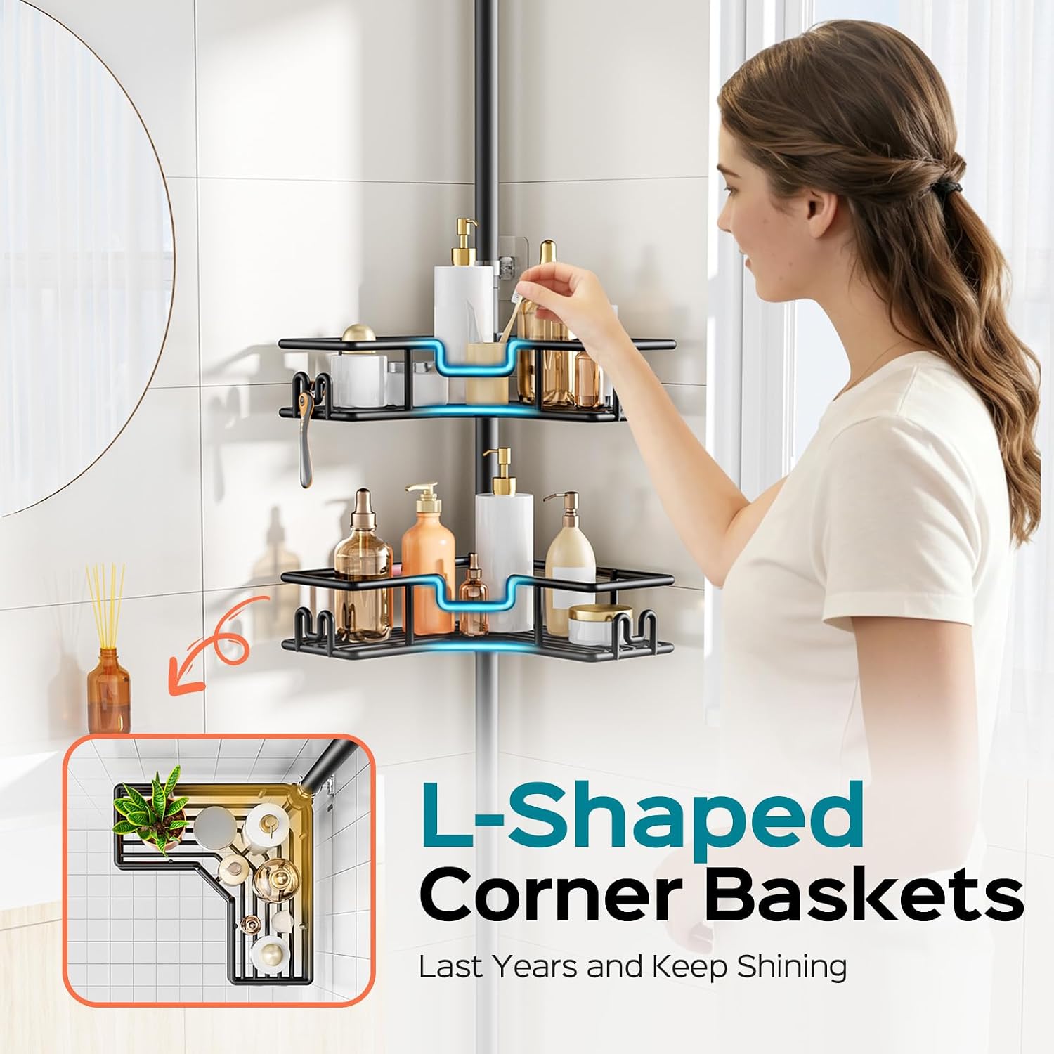 Detalle de HAMITOR Shower Caddy Corner: 4-Tier No-Drill Rustproof Corner Shower Organizer