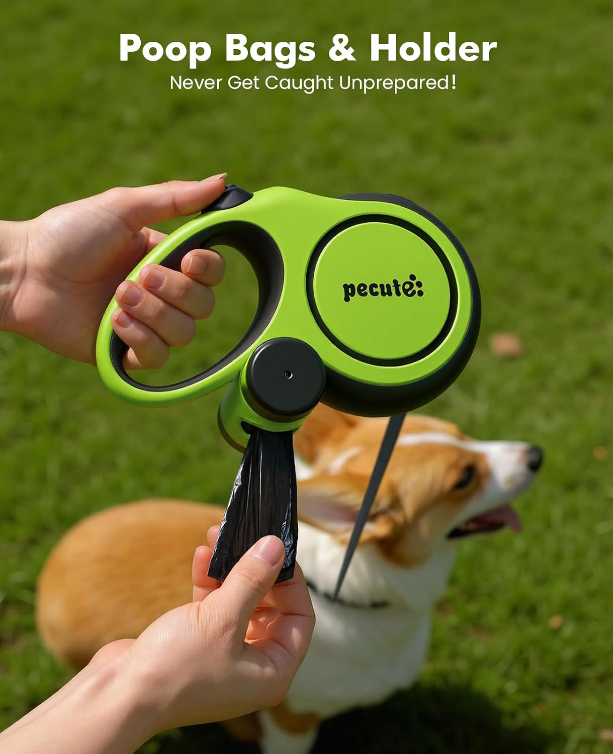 Thumbnail 1 de Pecute Retractable Dog Leash with Poo Bag Holder — 5m, 360° Anti-Tangle, One-Handed Brake for Medium/Large Dogs (Up to 50kg)