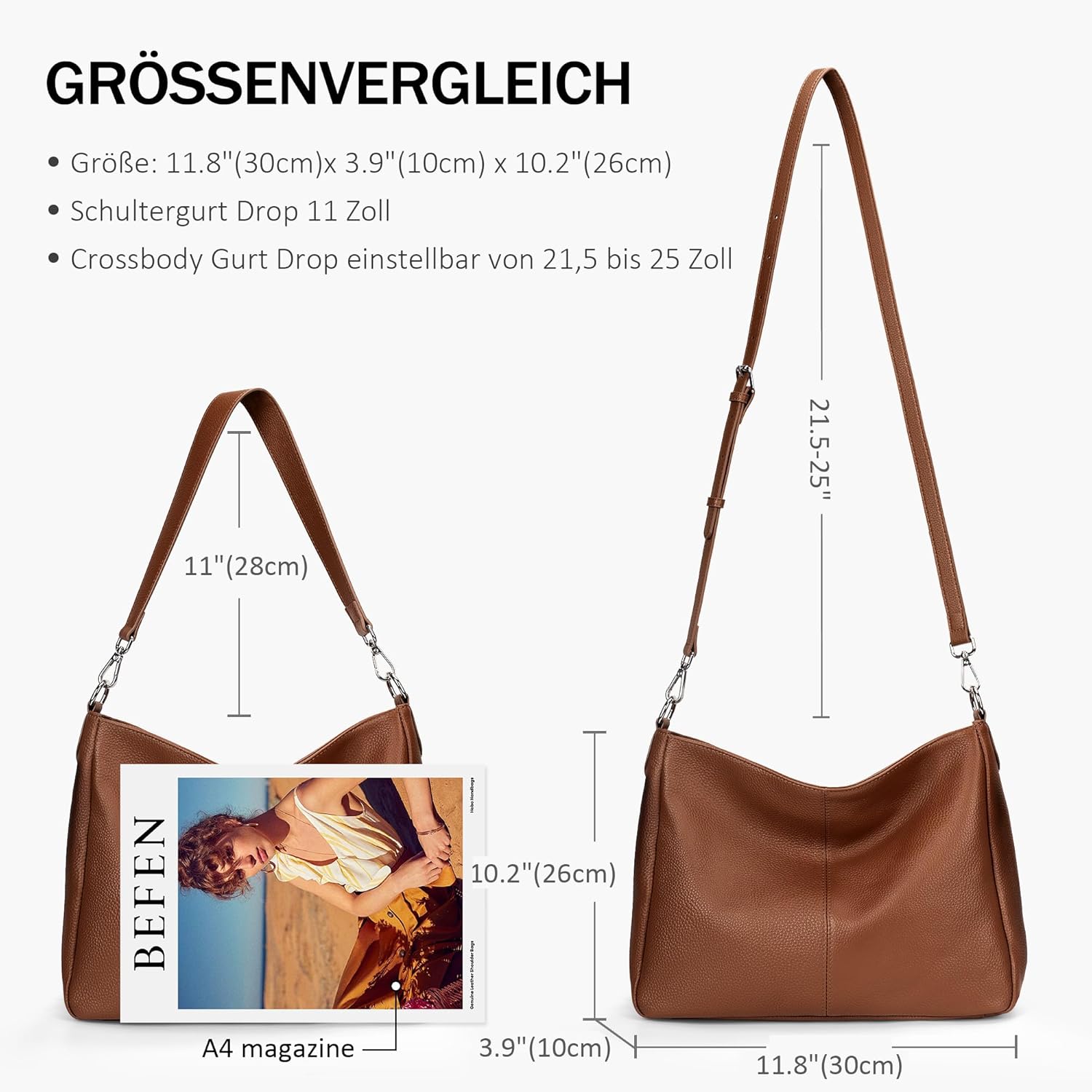 Thumbnail 4 de befen Damen Handtasche aus echtem Rindsleder – Hobo/Shopper Schultertasche mit 2 Trägern, weich & alltagstauglich