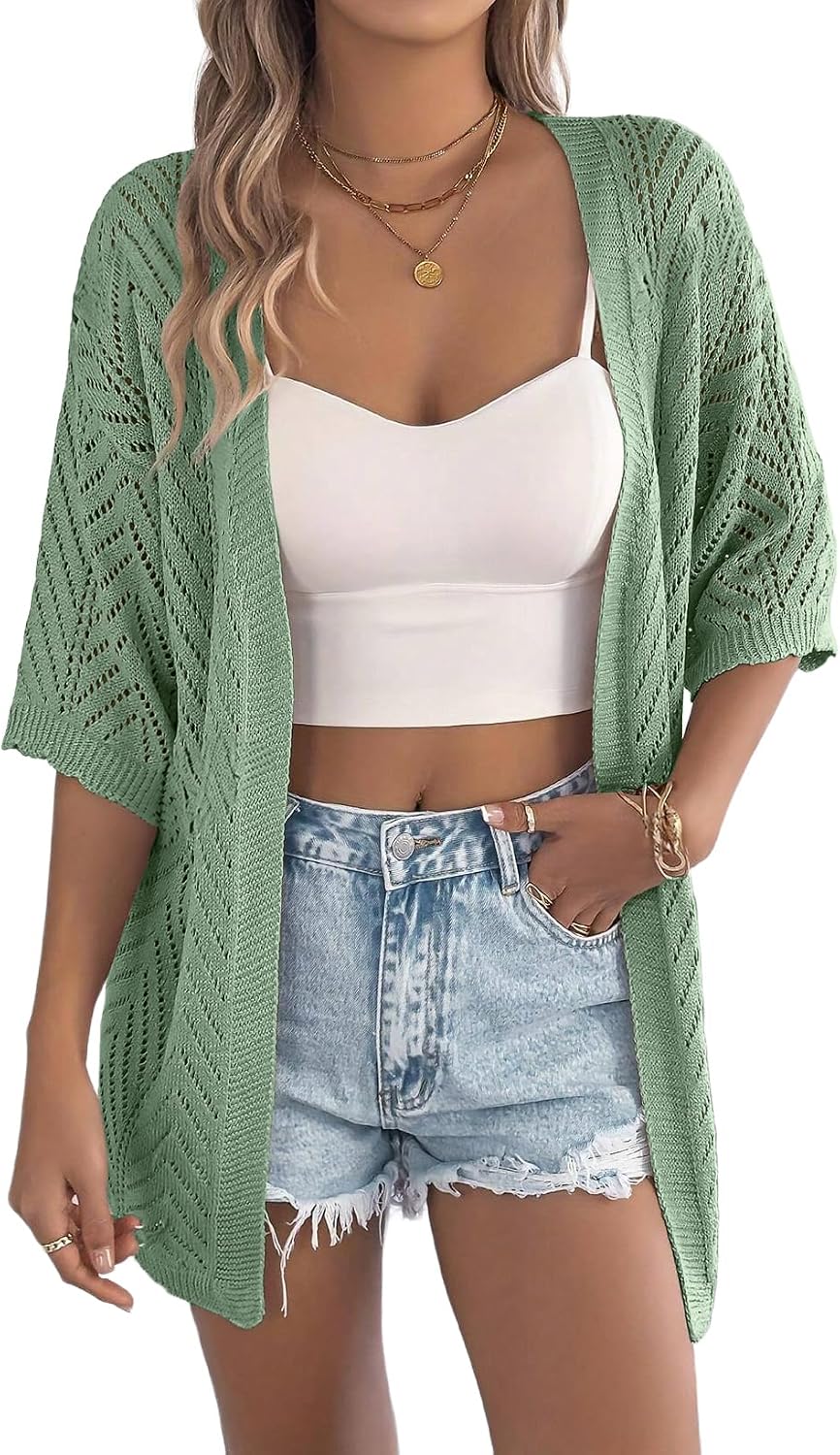 Thumbnail 6 de EVALESS Crochet Knit Cardigan: Boho Open-Front Short Sleeve Kimono