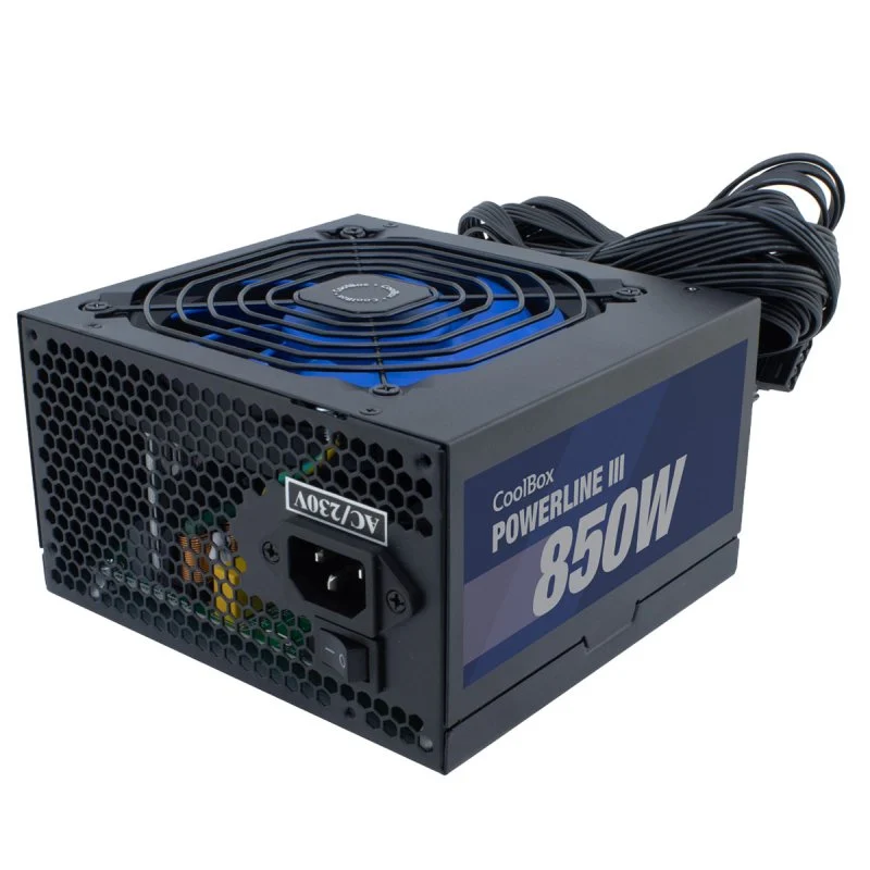 Detalle de Coolbox PowerLine 3 850W: fuente ATX 850W con 85% de eficiencia y ventilador regulable
