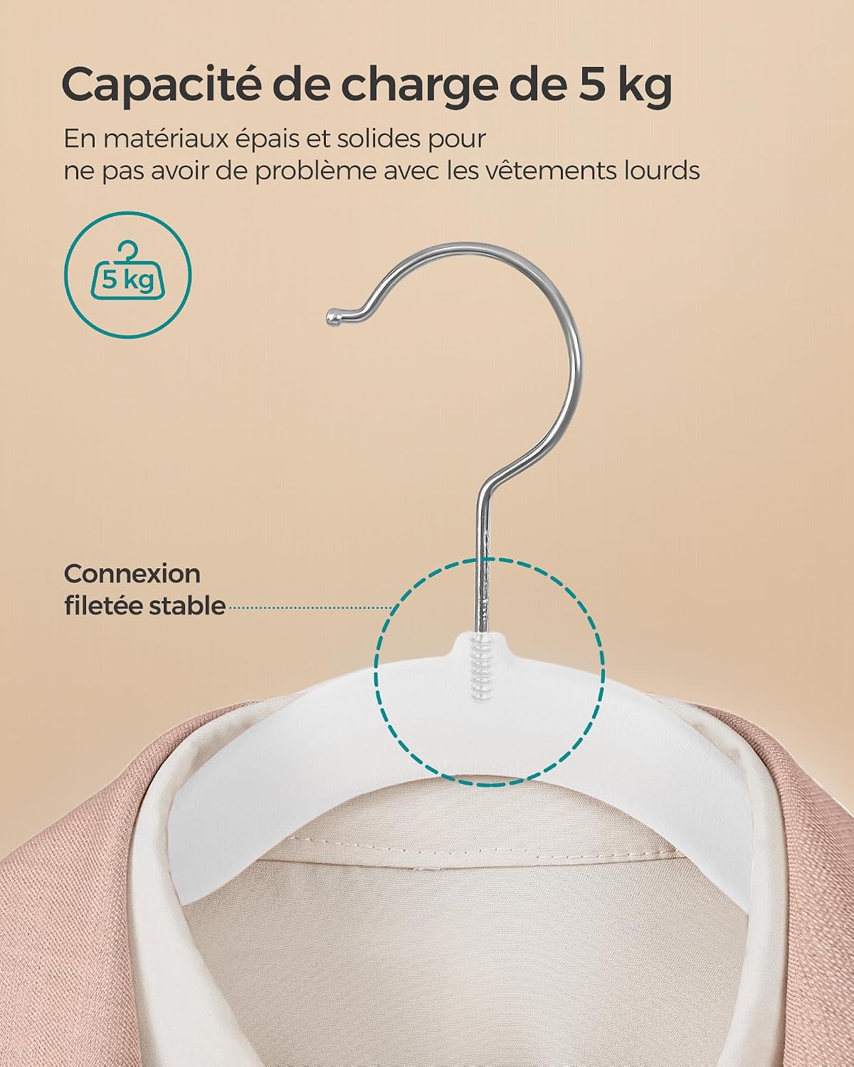 Thumbnail 4 de SONGMICS CRF026W20 – Lot de 20 cintres en velours adulte avec crochets pivotants 360° (argent et blanc) 41,5 cm