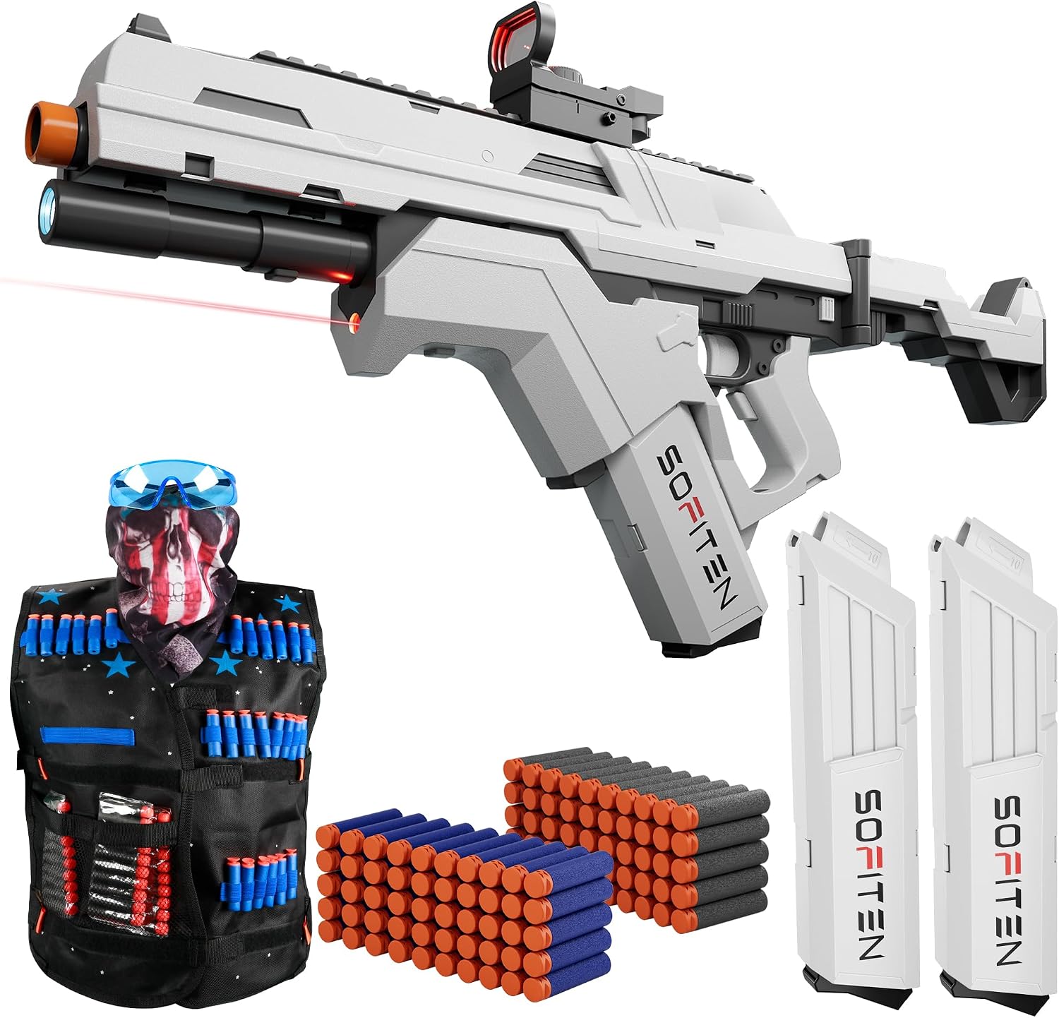 Detalle de SOFITEN Automatic Foam Dart Blaster with Flashlight, Foldable Stock and Vest