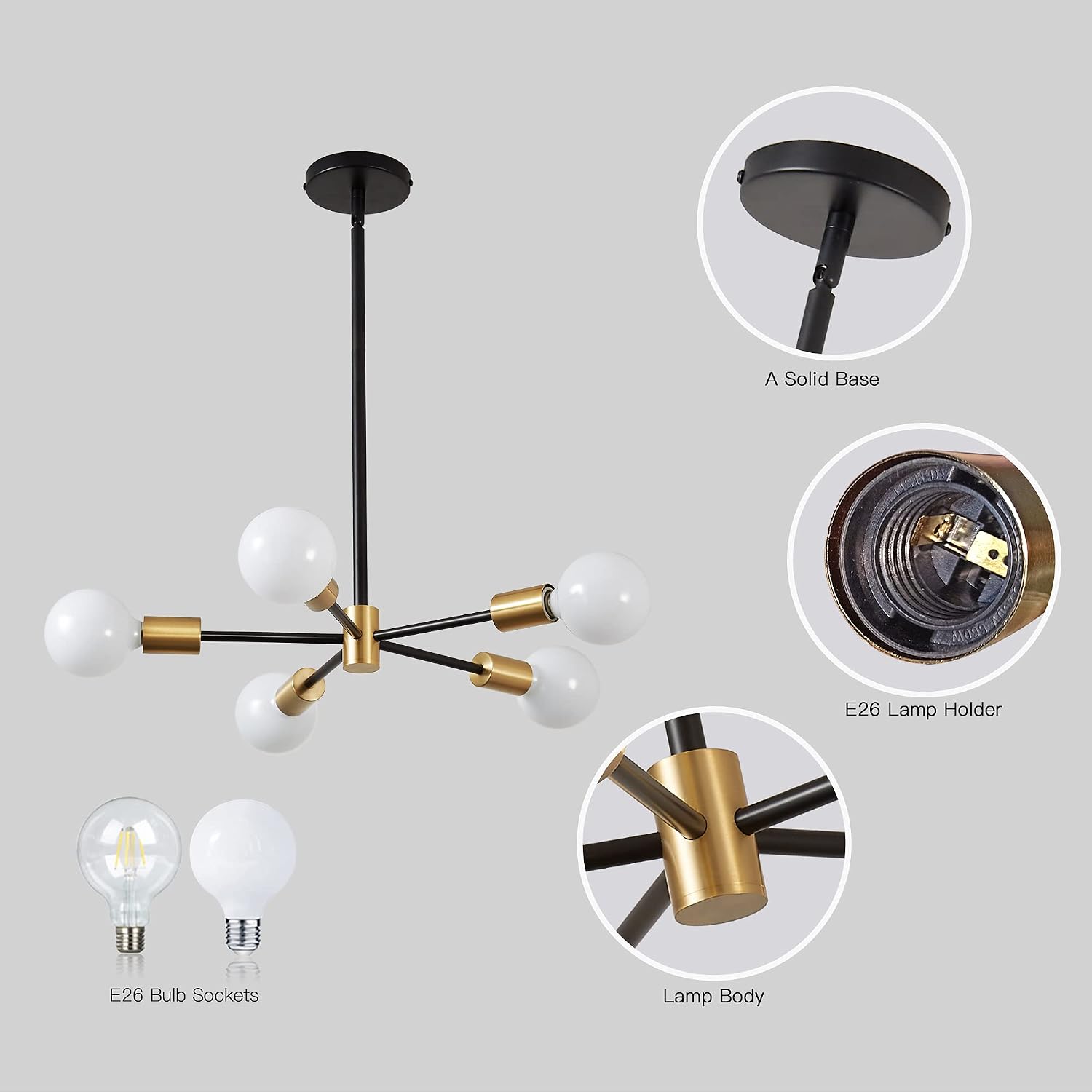 Thumbnail 4 de KAISITE 5-Light Sputnik Chandelier, Black and Gold, Adjustable Height