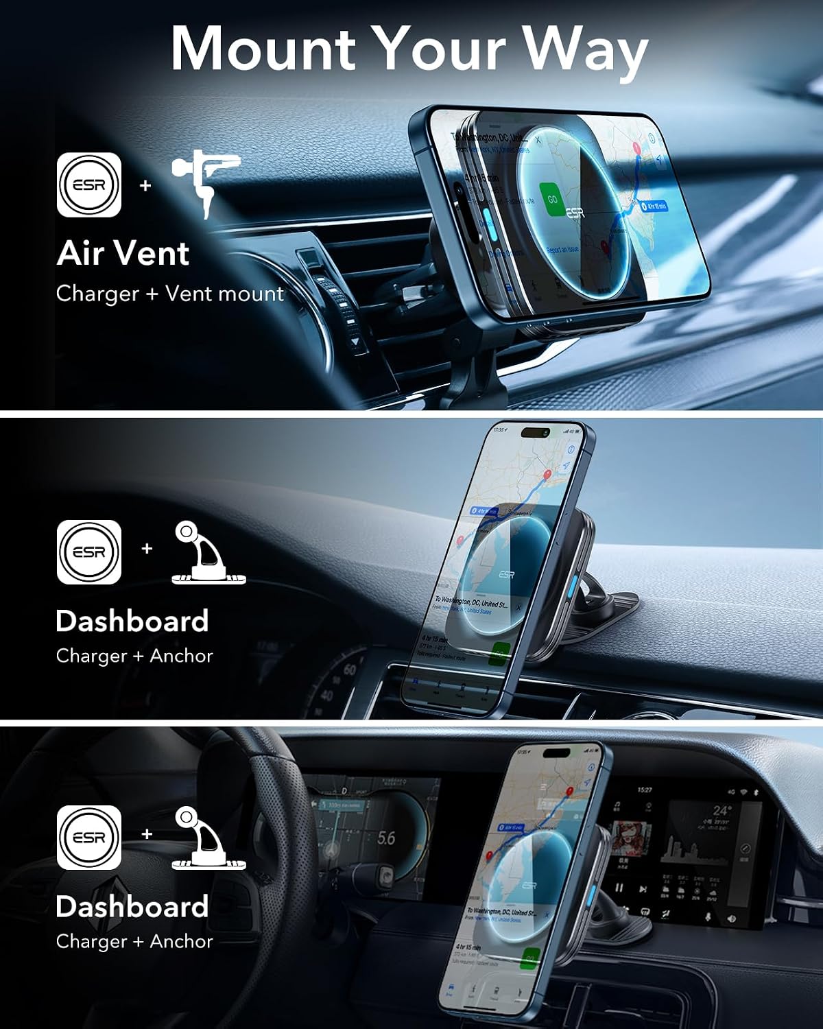 Thumbnail 6 de ESR 15W MagSafe-Autohalterung mit Ladefunktion für iPhone & Galaxy – Magnet-Handyhalterung fürs Auto