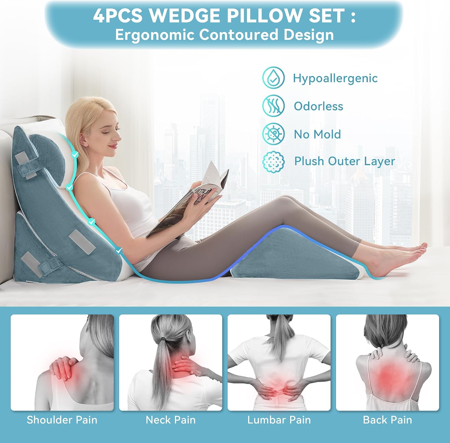 Detalle 2 de Kingfun 4-Pc Orthopedic Wedge Pillow Set ⚙
