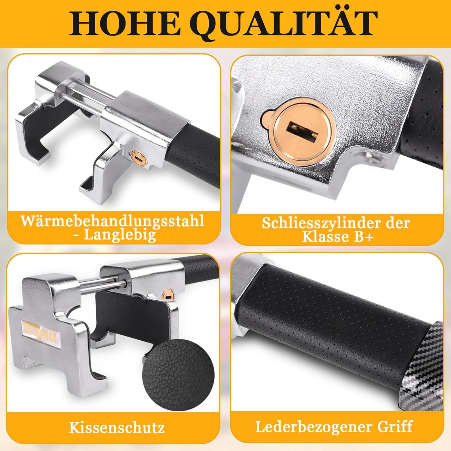 Detalle 2 de Tevlaphee Lenkradkralle mit Alarm, 120 dB – Einziehbare Lenkradkralle, universell passgenau, Silber