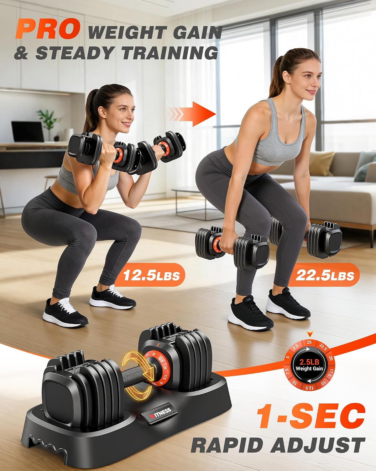 Detalle de Rendpas Adjustable Dumbbells, 2.5–25 lb Pair, 10 Settings, Quick-Lock