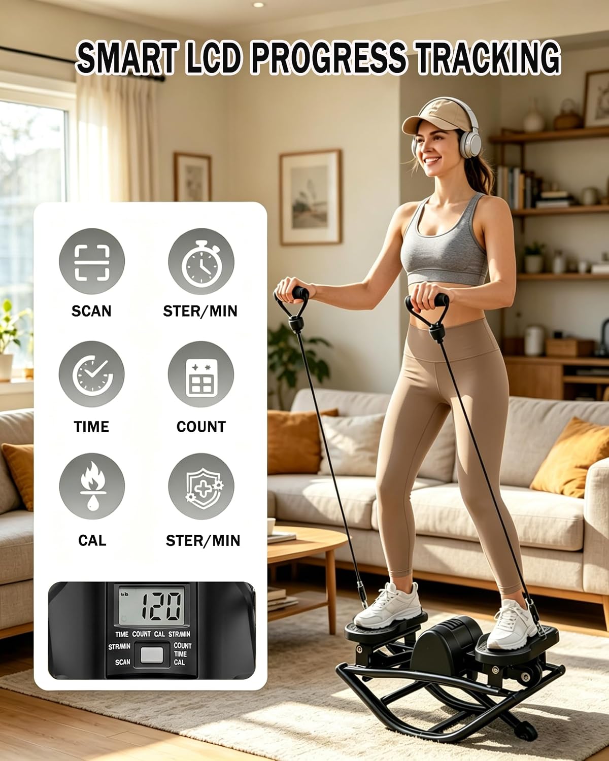 Detalle de XAOYAO C6048 Side-to-Side Stepper with Resistance Bands and LCD Monitor