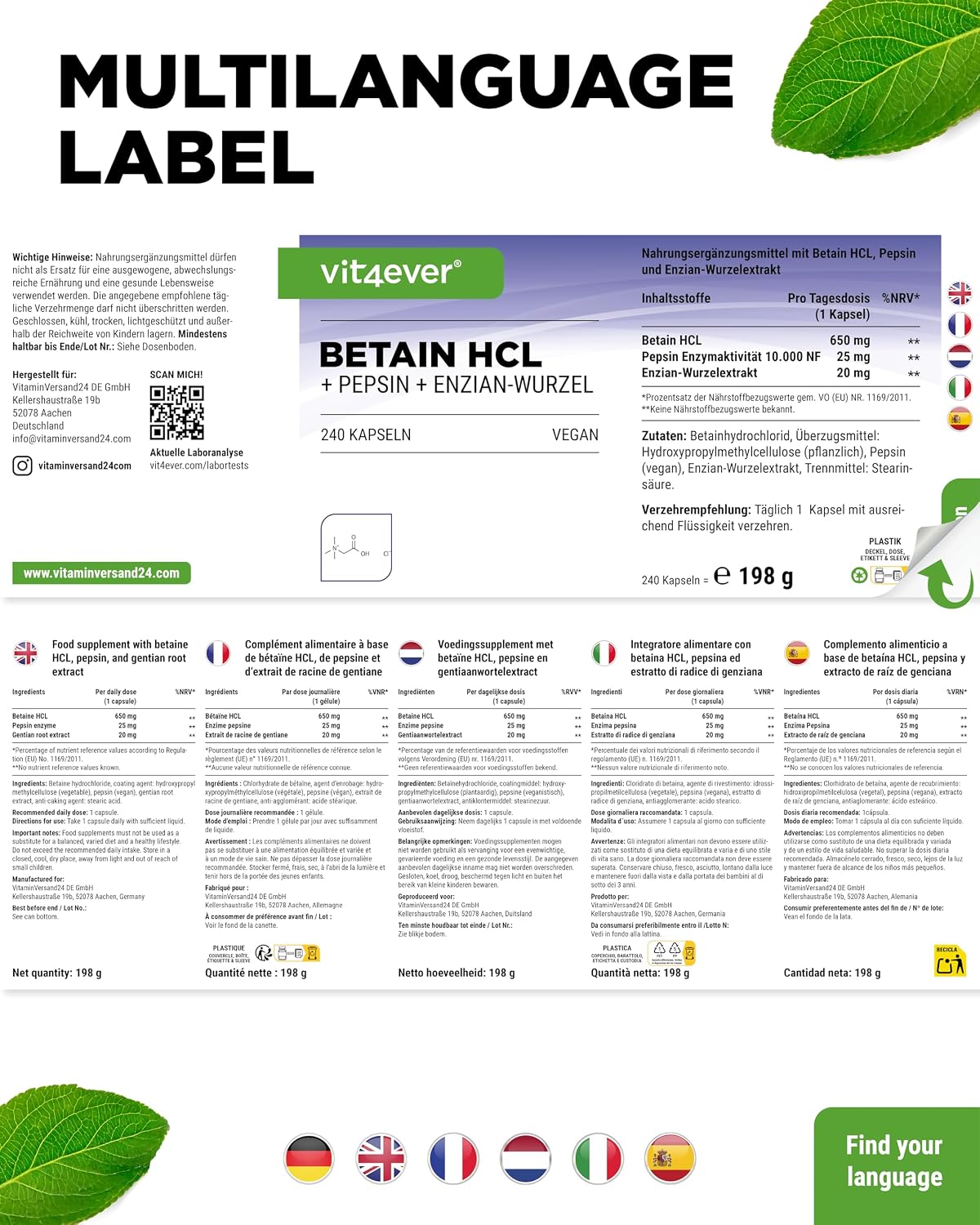 Detalle 2 de Betain HCL – 240 Kapseln (695 mg) mit Pepsin & Enzianwurzel-Extrakt – vollspektrum Enzym-Kapseln