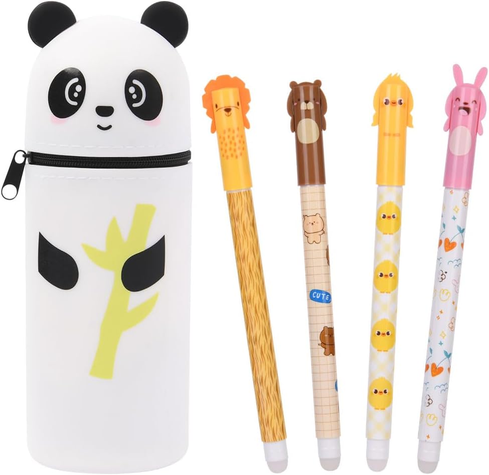 OFFCUP Astuccio telescopico in silicone Panda per portapenne 2 in 1 con 4 penne cancellabili