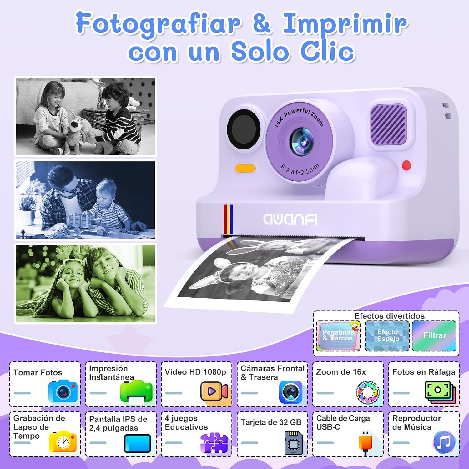 Detalle 2 de AWANFI Camara Fotos Infantil 2,4" 1080P