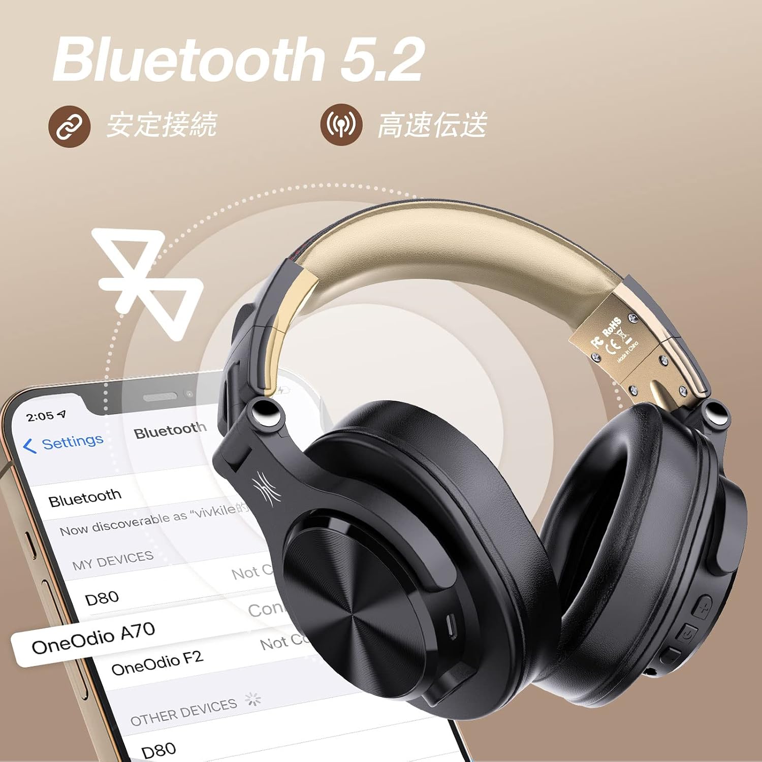 Detalle de OneOdio A70 ワイヤレスヘッドホン 40mmドライバー・最大72時間再生・有線対応