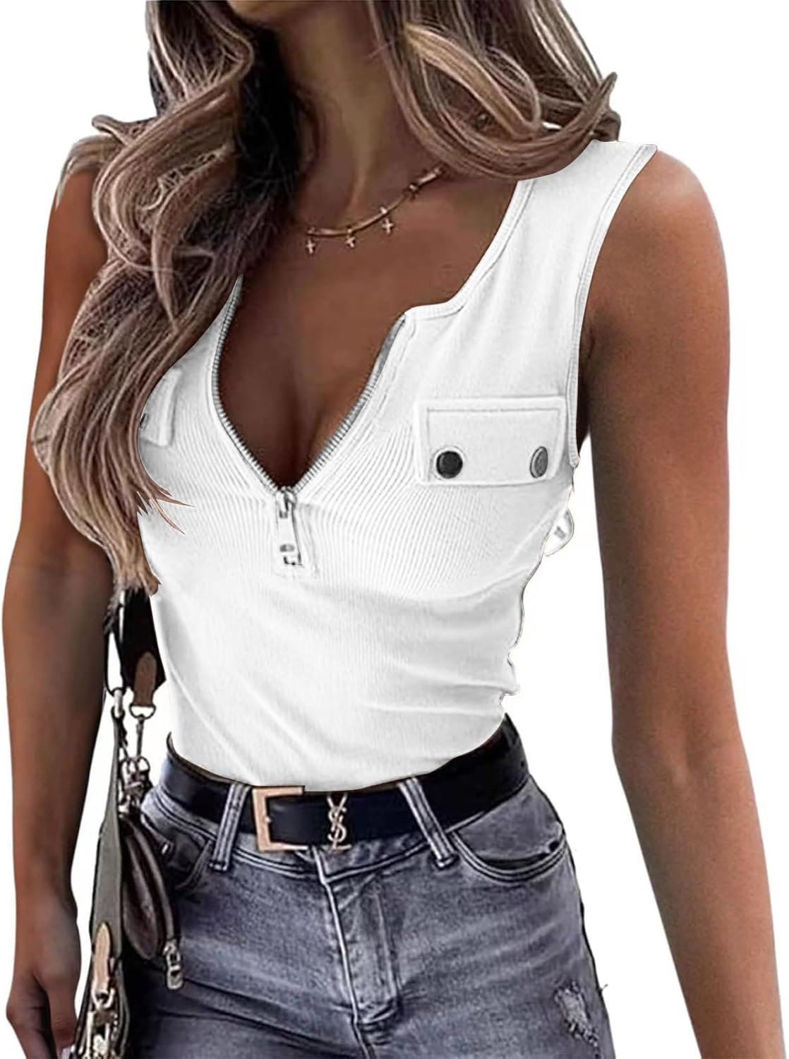 Detalle de TrendiMax Women's Slim Fit Tank Top with Ribbed Knit and Zipper