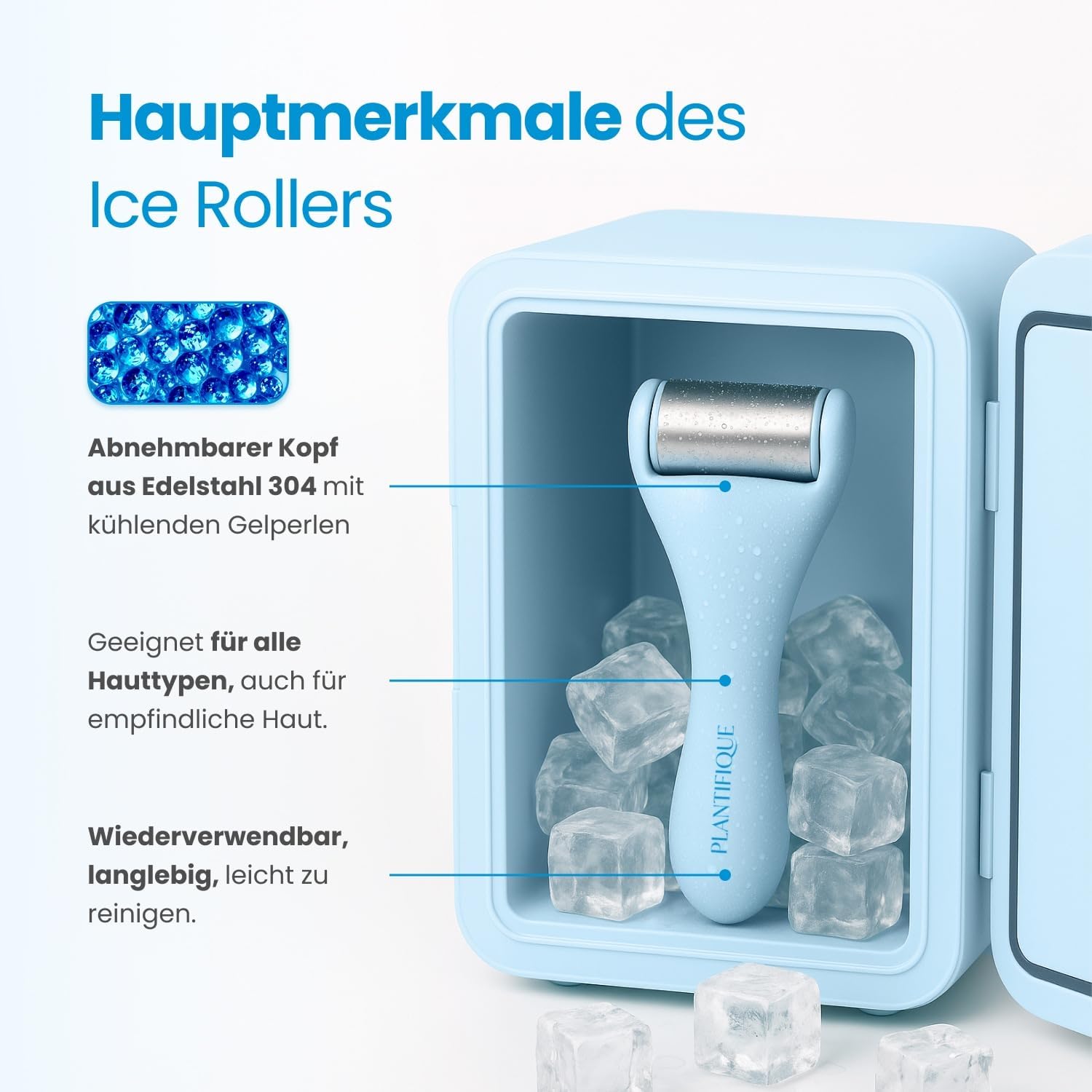 Detalle de PLANTIFIQUE Ice Roller & Gua Sha Edelstahl-Set für Gesichtsmassage – kühlender Beauty-Tool zur Lymphdrainage & Hautstraffung