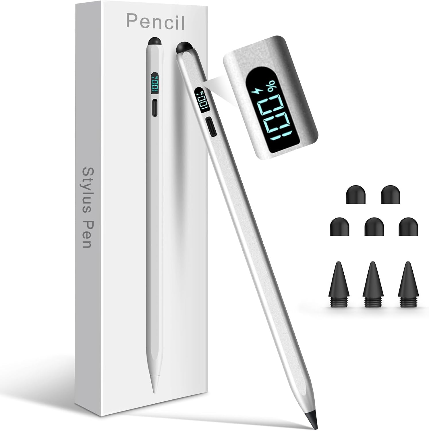 Detalle de Styluslink 2-in-1 Pencil for iPad (2018–2026) with LED power display – USB-C fast charge, palm rejection (Silver)