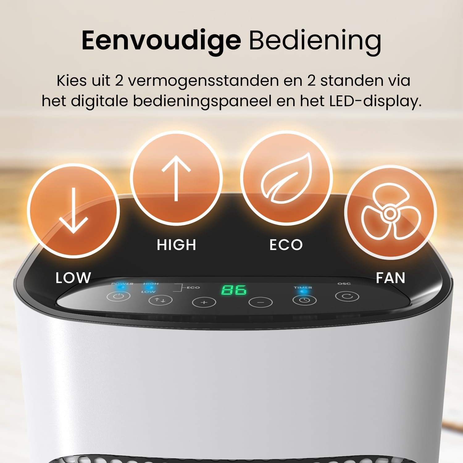 Detalle de Pro Breeze keramische torenverwarming 2000 W met display, afstandsbediening en timer