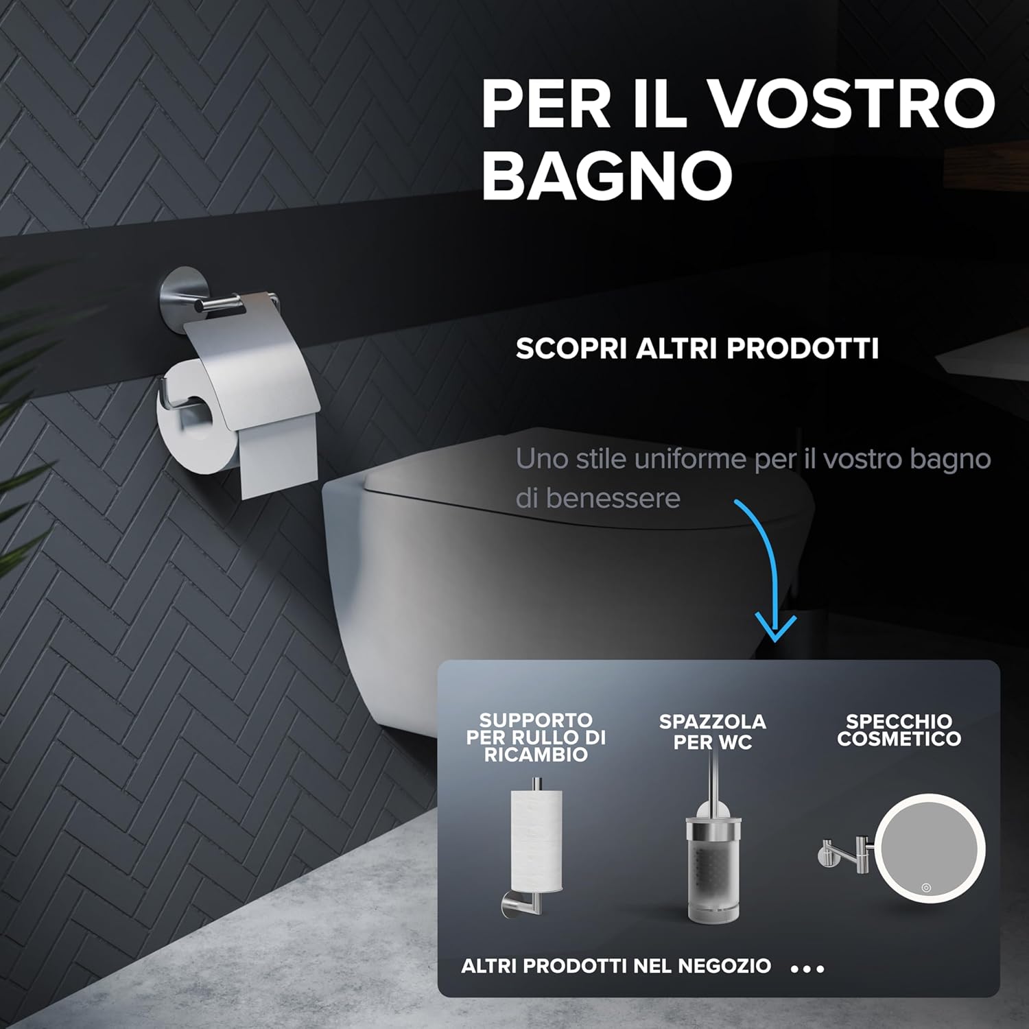 Thumbnail 5 de Ovimar Portarotolo Hanstholm senza foratura in acciaio inox argento – con coperchio e chiusura morbida