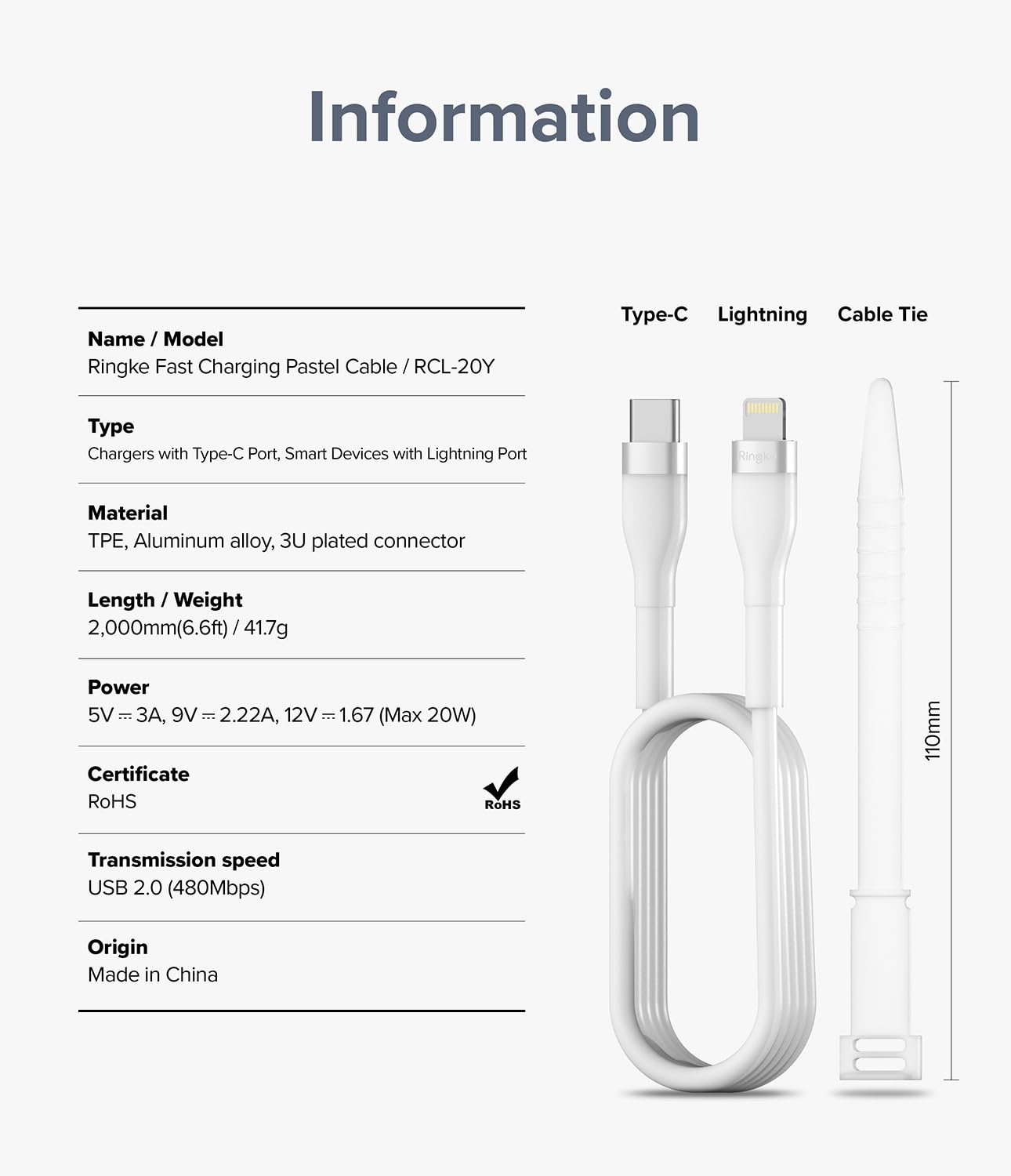 Thumbnail 6 de Ringke Fast Charging Pastel Cable 2M / 20W – USB-C to Lightning (White)