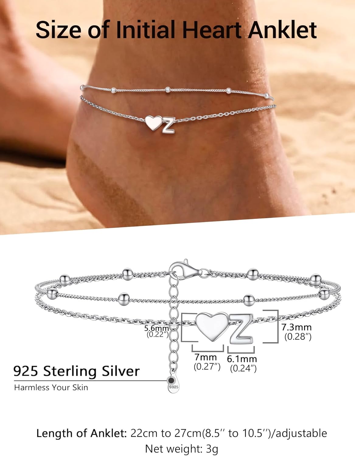 Detalle 2 de PROSILVER Women Sterling Silver Heart Anklet with A-Z Initial