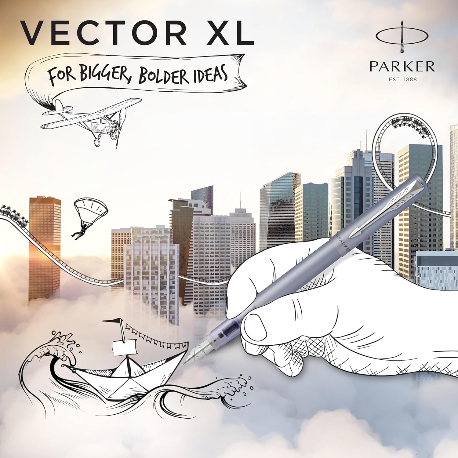 Detalle de Parker Vector XL Fountain Pen with Metallic Silver-Blue Lacquer