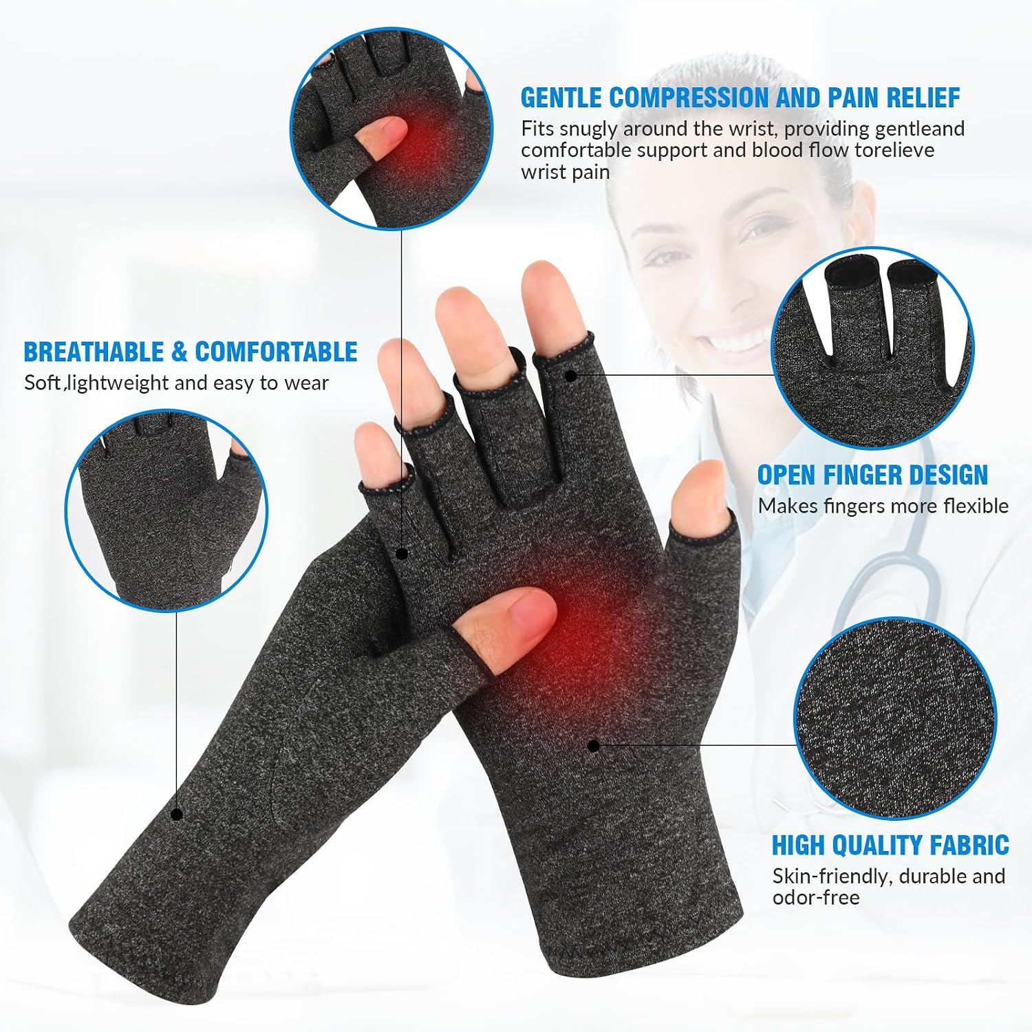 Thumbnail 1 de AovYoo Fingerless Arthritis Compression Gloves 2 pairs