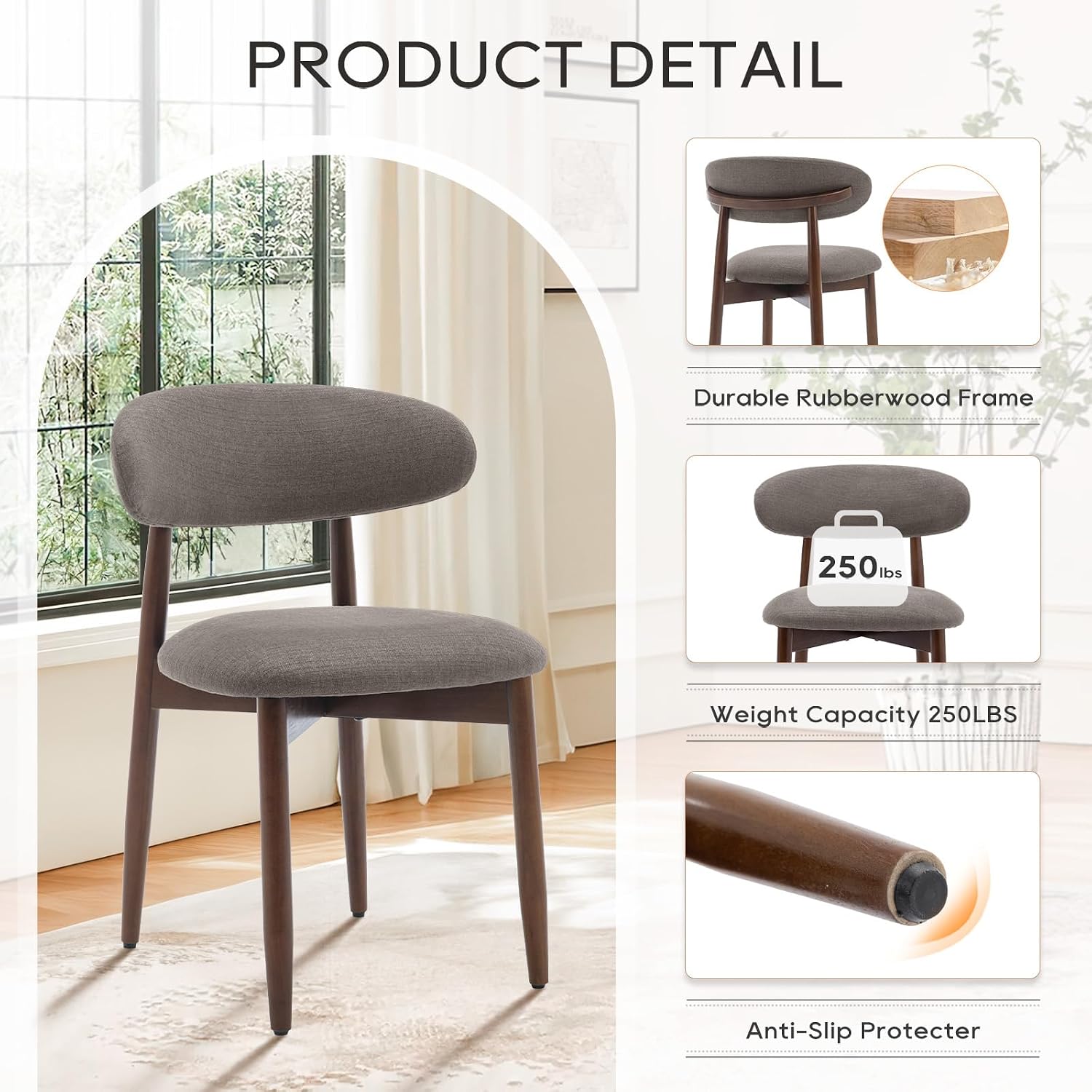 Detalle de COLAMY D6270US Wooden Dining Chairs, Set of 4, Taupe Fabric Upholstery