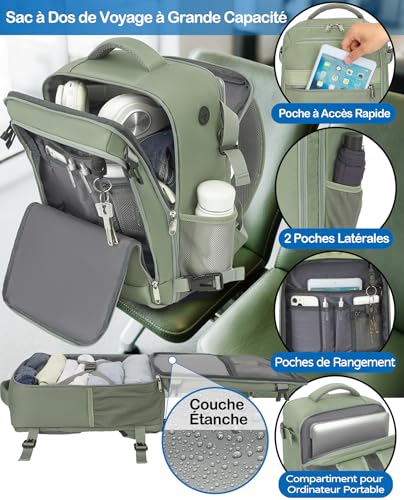 Detalle de KLOSTAIN Sac à Dos Voyage Cabine Avion 45x36x20 cm – 30 L, 15.6 pouces, Vert