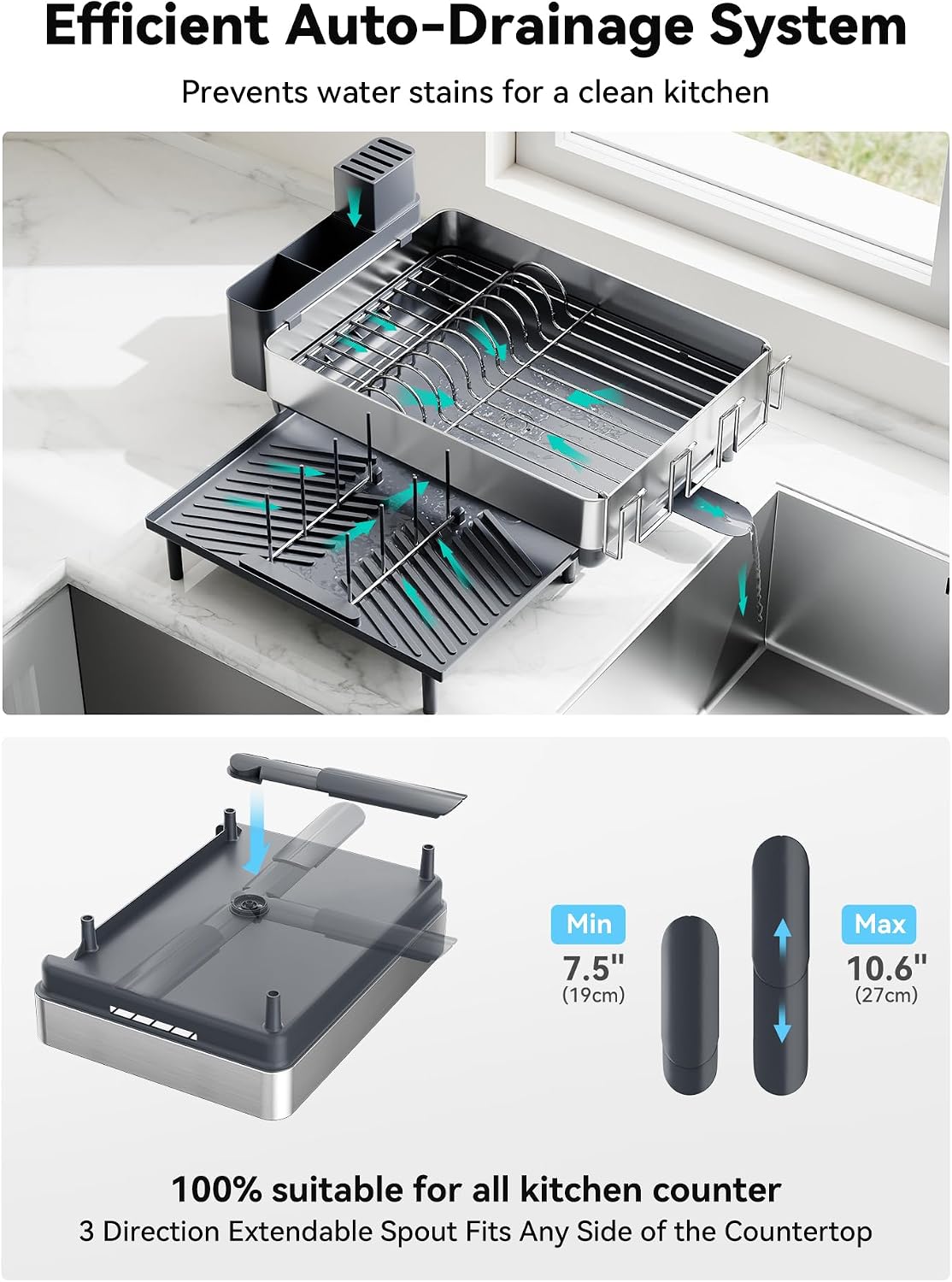 Thumbnail 4 de SUNLY Large Dish Drying Rack: Expandable 304 Stainless Steel Drainer for Kitchen Counter