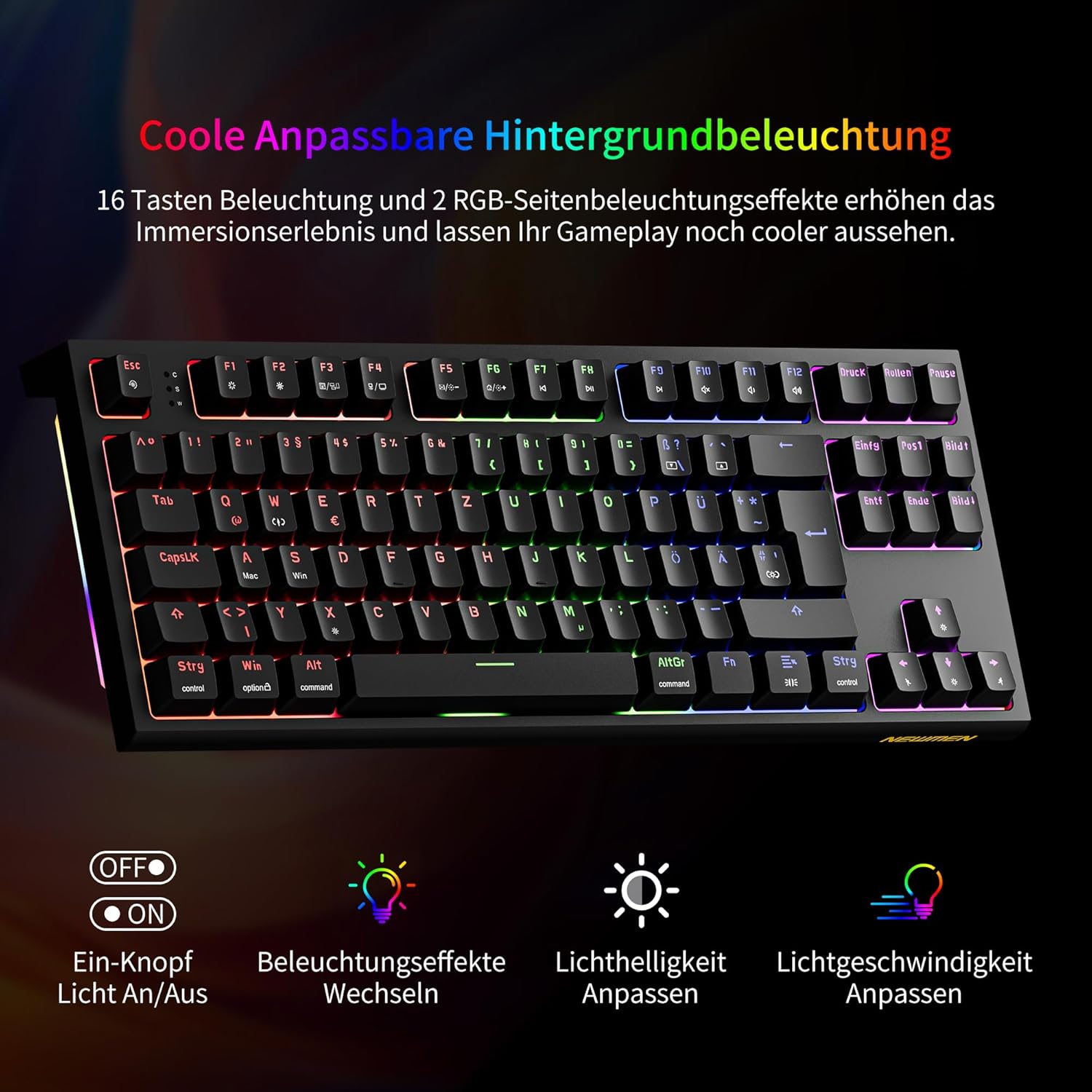 Thumbnail 1 de Newmen GM870 TKL Gaming-Tastatur (75%) mit Hot-Swap, kabelgebunden, RGB, Anti-Ghosting – deutsches QWERTZ, rote Switches
