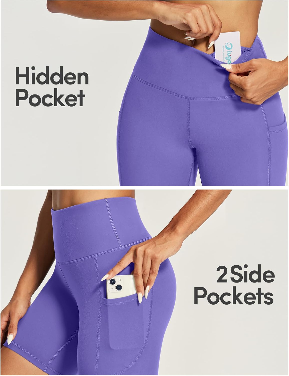 Detalle de IUGA Biker Shorts Women 6" Tummy Control with Pockets – High Waisted, 2 Side + 1 Inner Pocket