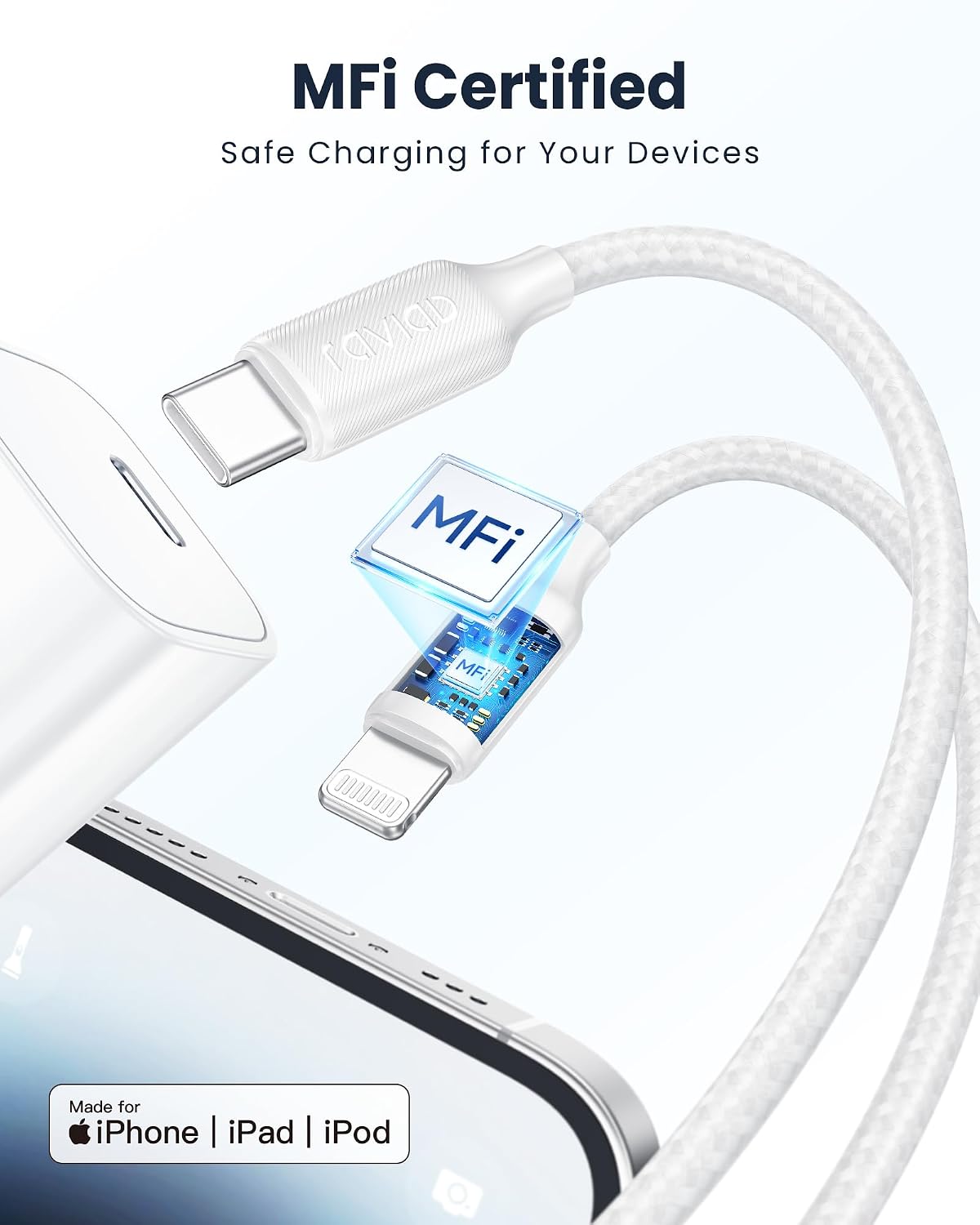 Detalle de RAVIAD USB C to Lightning Cable 2Pack 1M – MFi Certified, Durable Nylon Braided iPhone Charger