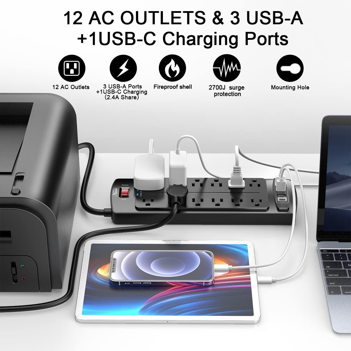 Thumbnail 1 de ALestor 6 Ft Surge Protector Power Strip with 12 Outlets and 4 USB Ports