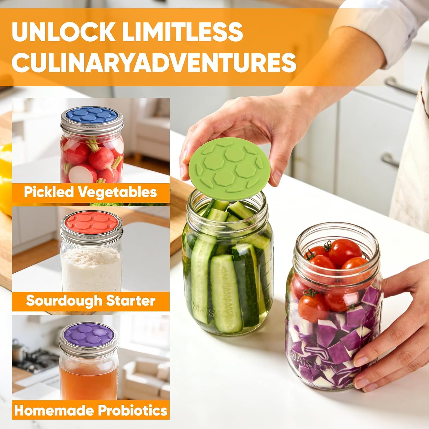Thumbnail 6 de OAKDOLCHE Model 4 Silicone Fermentation Lids for Wide-Mouth Mason Jars, 4-Pack